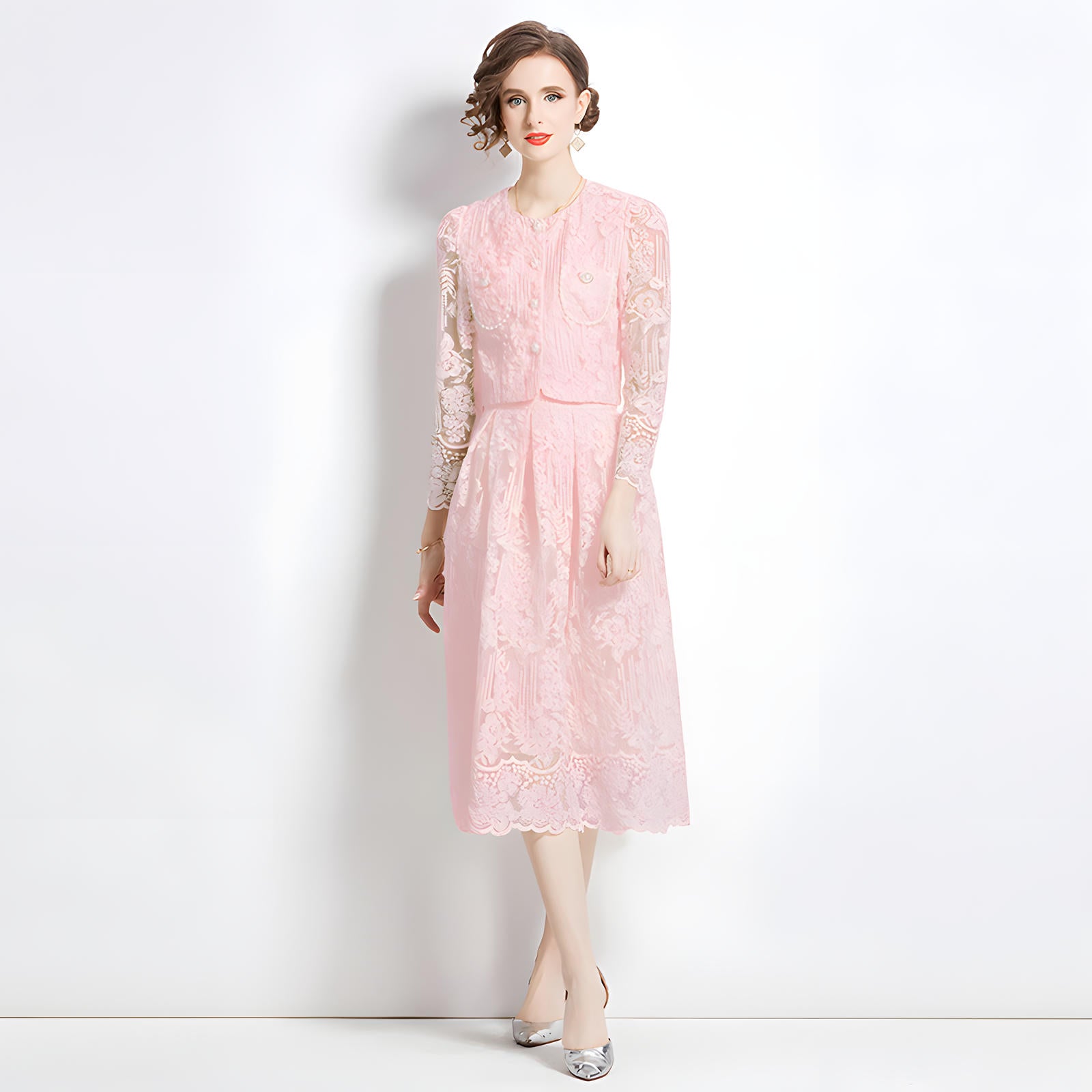 Embroidered French Lace Single Breasted Full Sleeve Blouse and Skirt Two Piece Set - 8566 #607_PINK (EOSS)