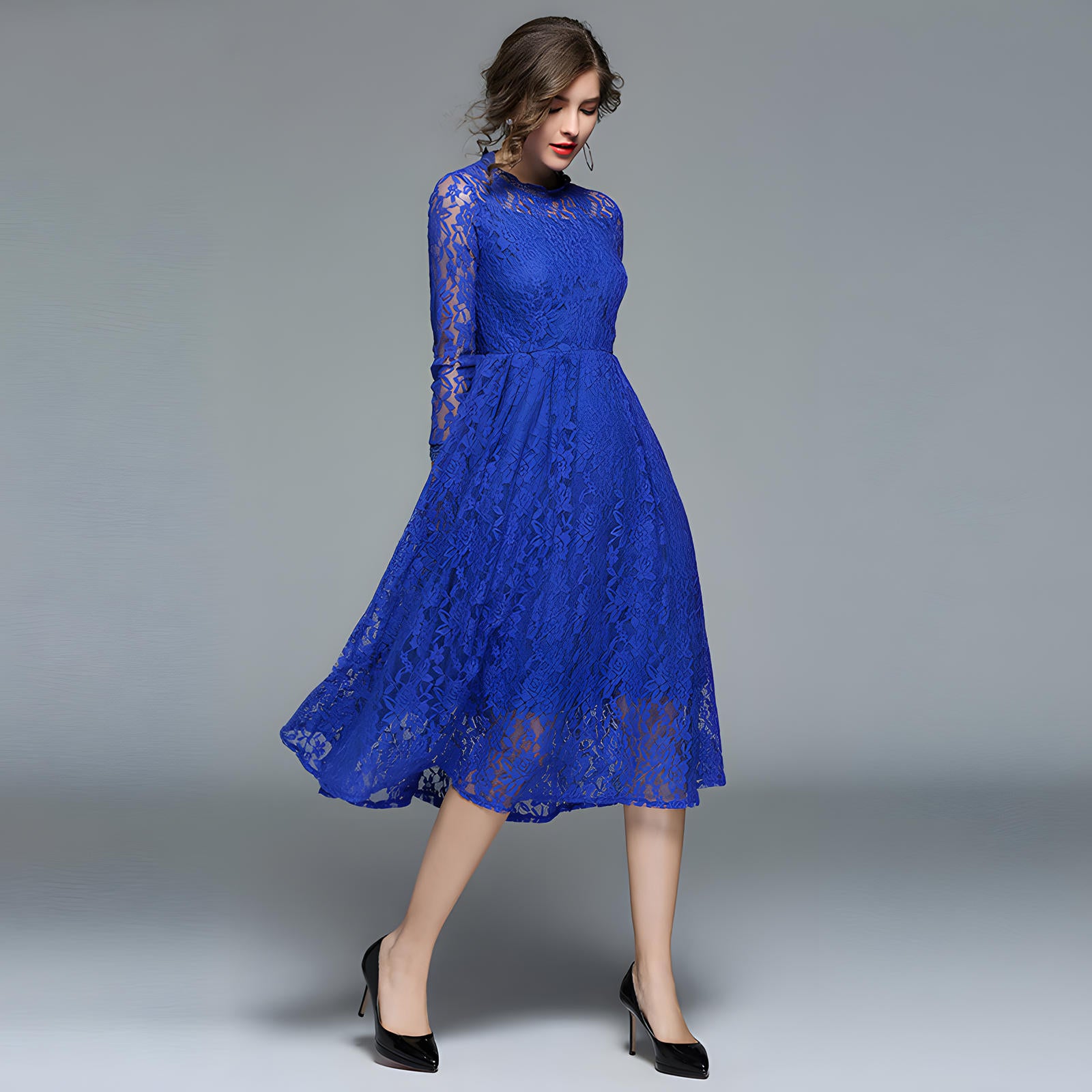 Luxury French Lace High Neck Retro Electric Blue Dress - 405#609 (EOSS)