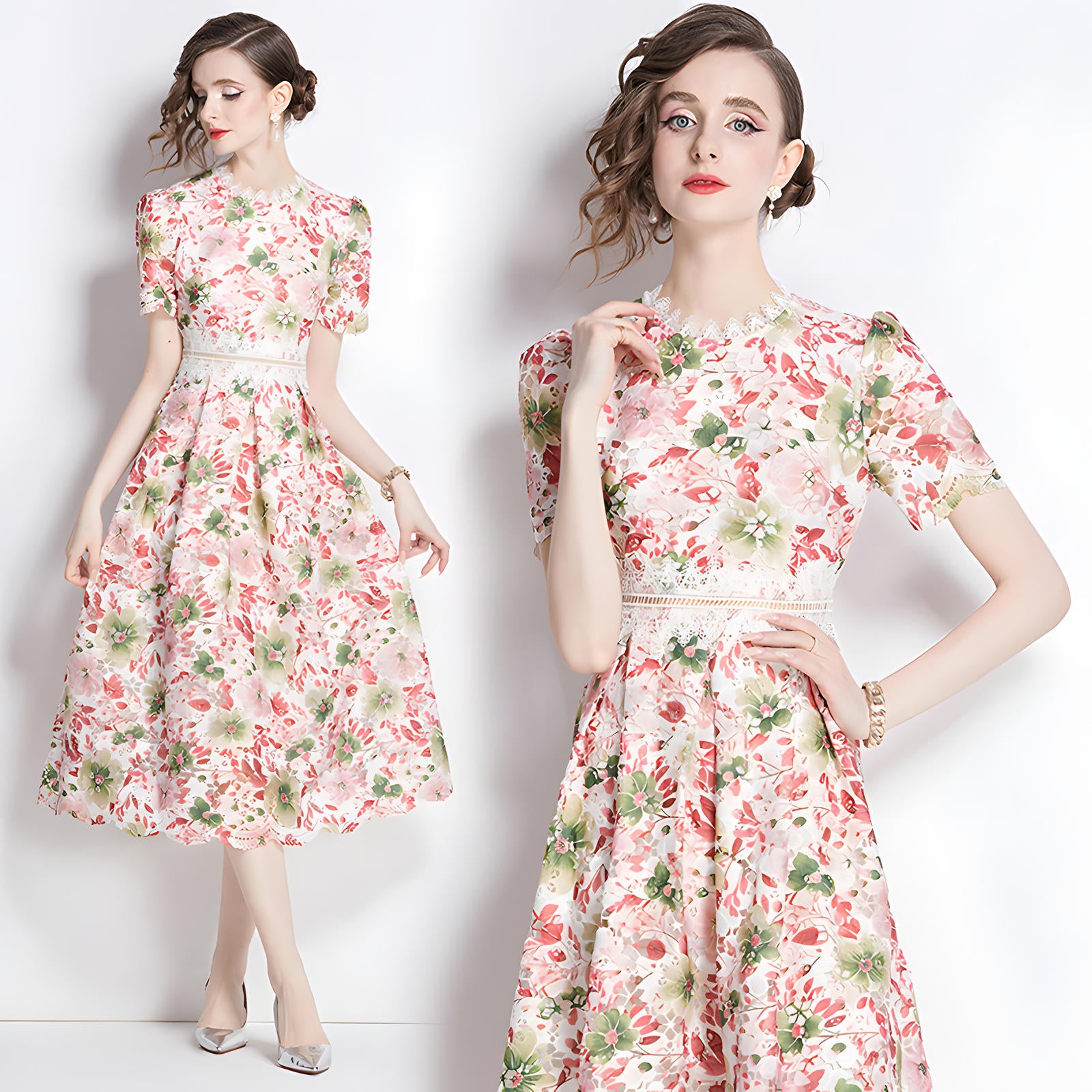 French Printed Flower Lace Jewel Neckline Retro Dress - 795256872065_BAS