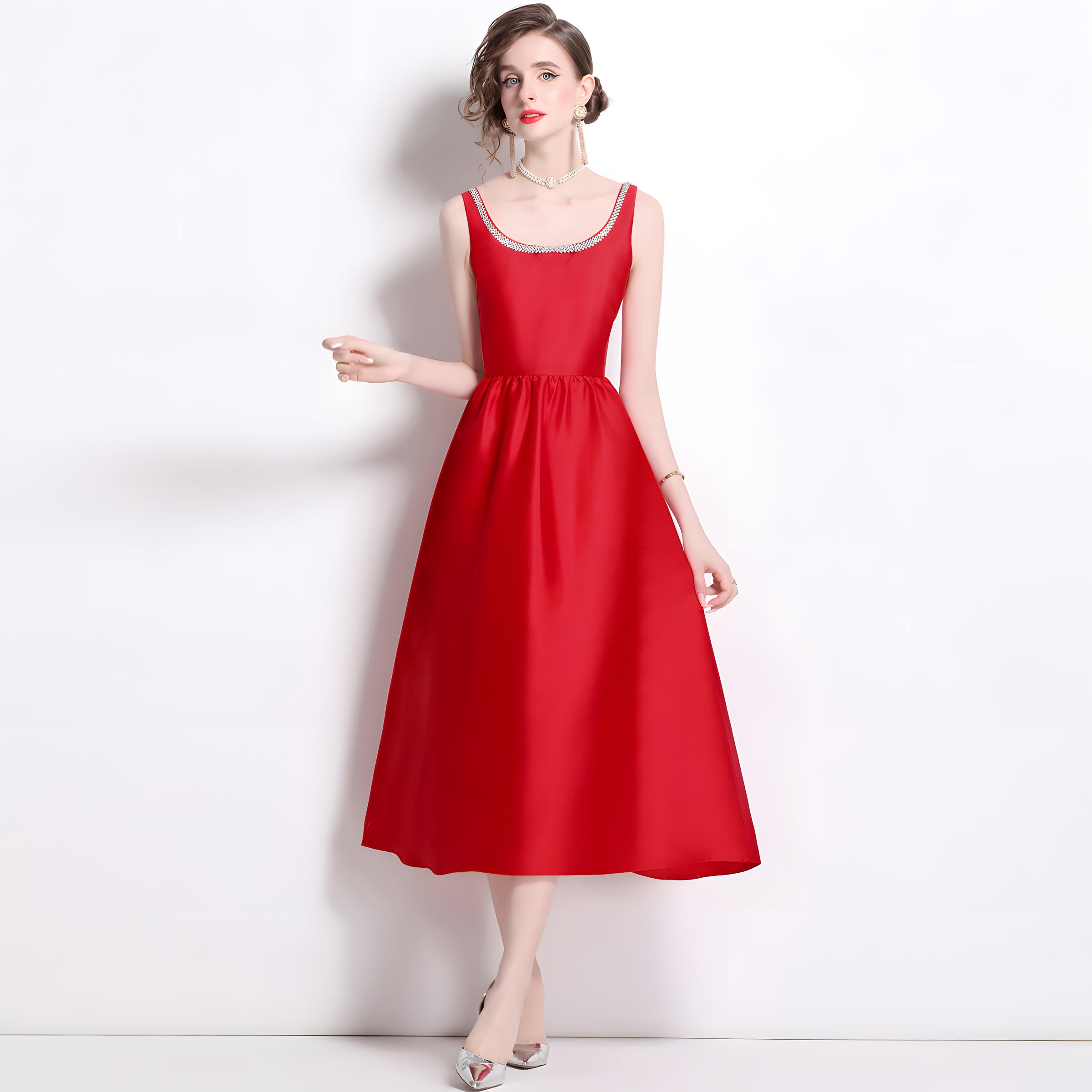 Fitted Vest Armhole Dart Red Satin Dress With Jewel Embellished Neckline - 816757242555_BAS