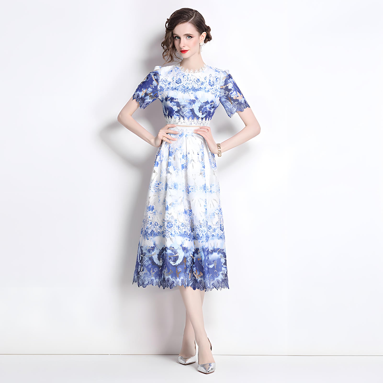 French Printed Flower Lace Jewel Neckline Retro Dress - 795242988743_BAS
