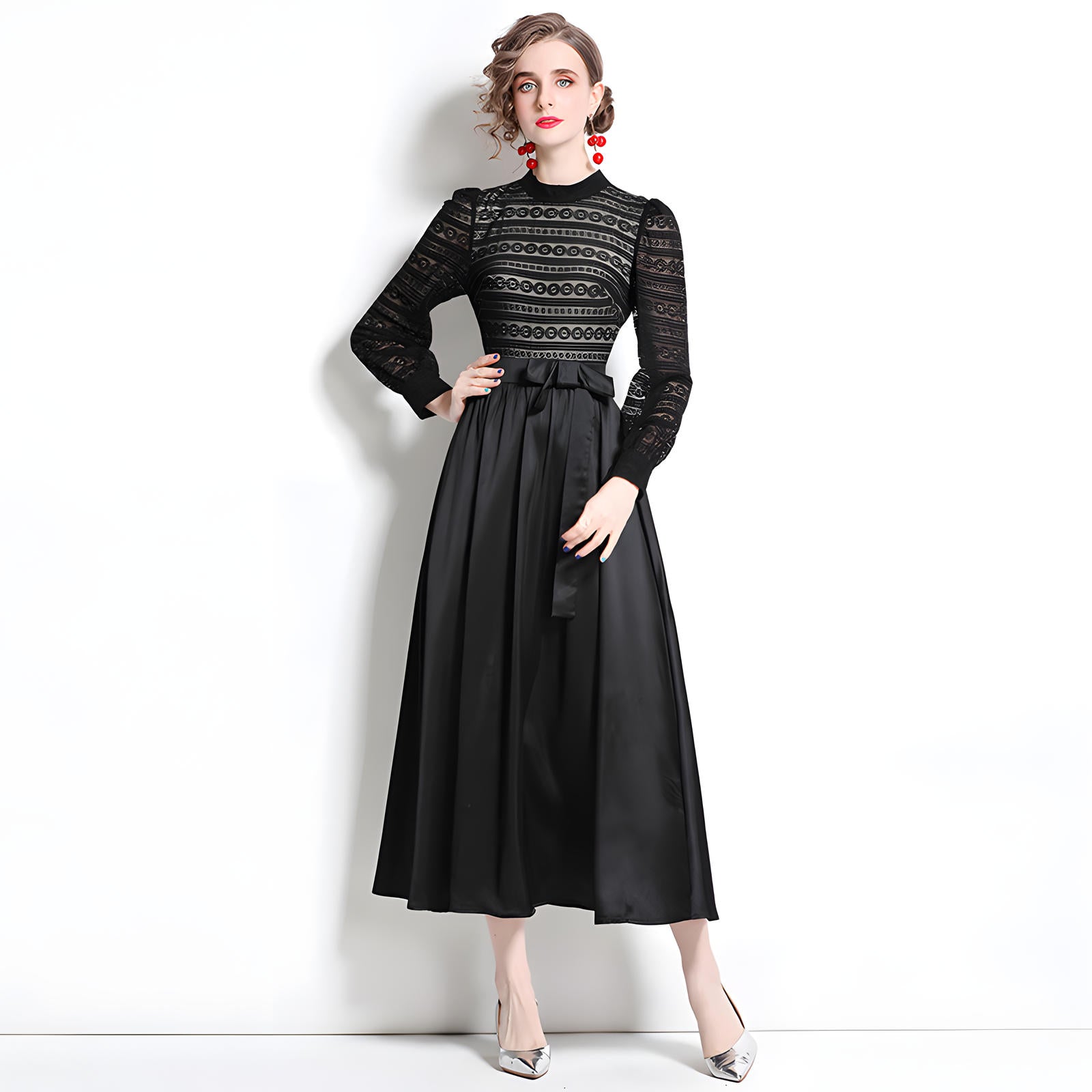 French Lace Nude Lining Vest Black Dress With Satin Skirt - 668632162100_BAS