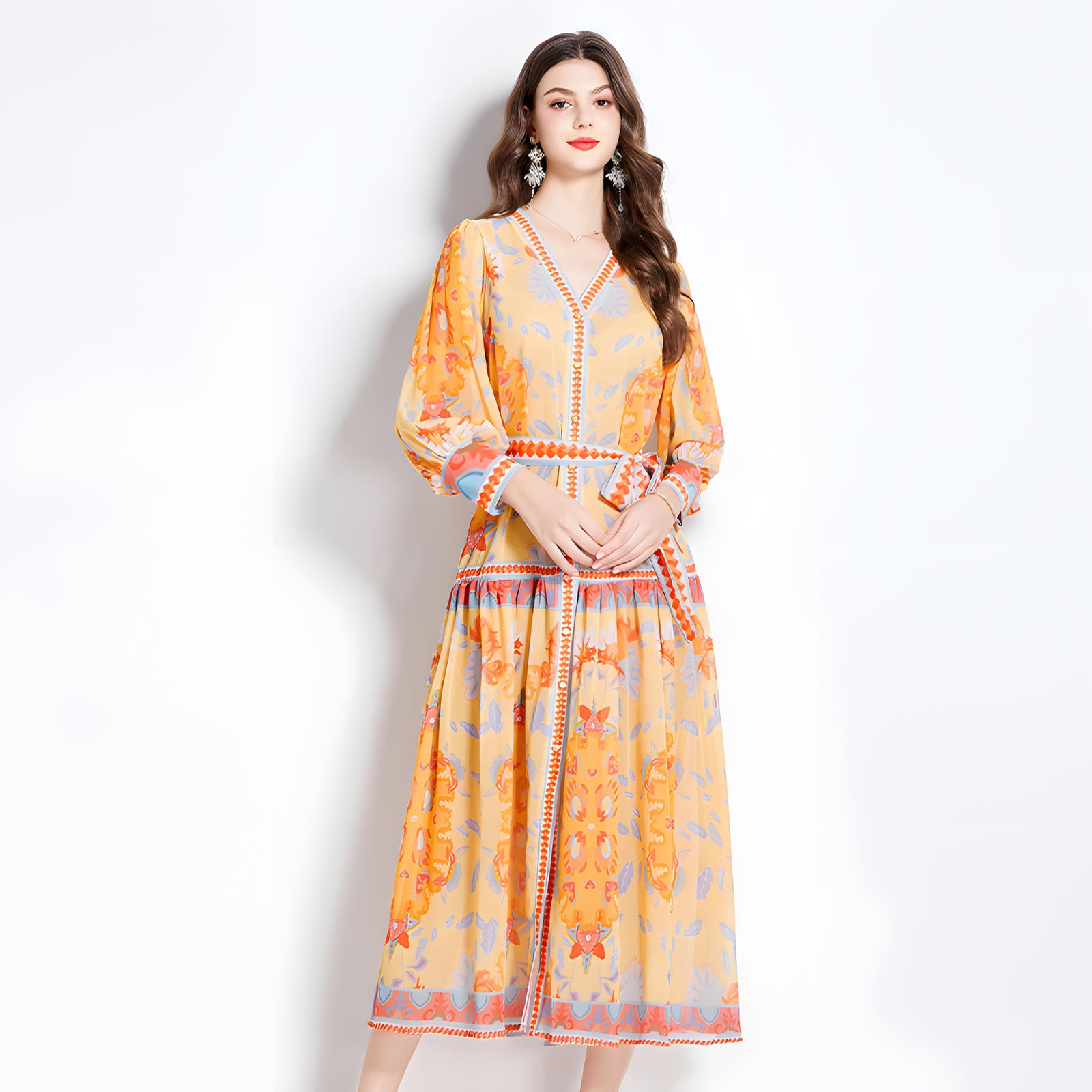 Printed Chiffon Plunging V - Neckline Front Split Long Dress With Waist Band - NRJ-720#2491