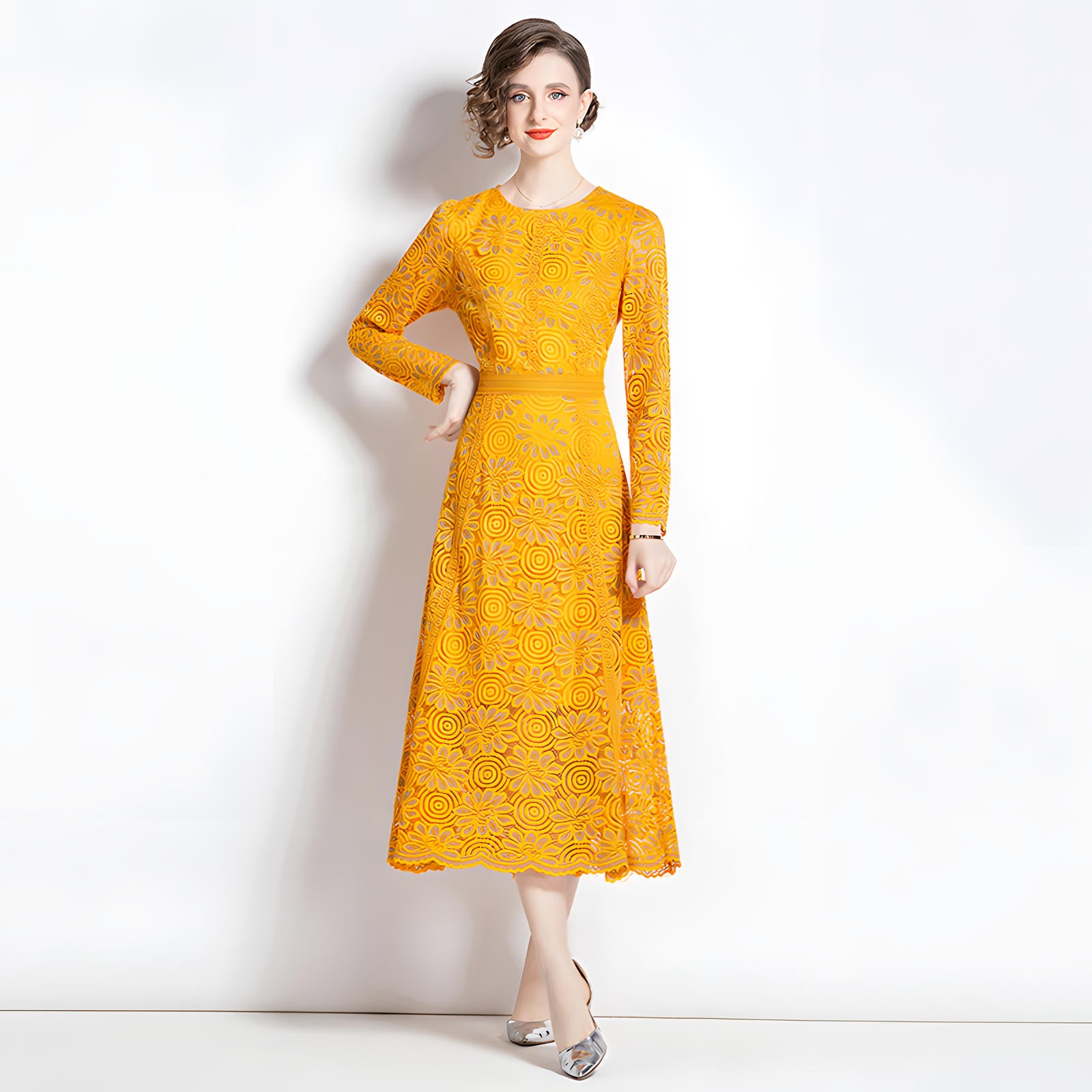 Luxury French Lace Full Sleeve Round Neck Long Dress - 6938#607_YELLOW