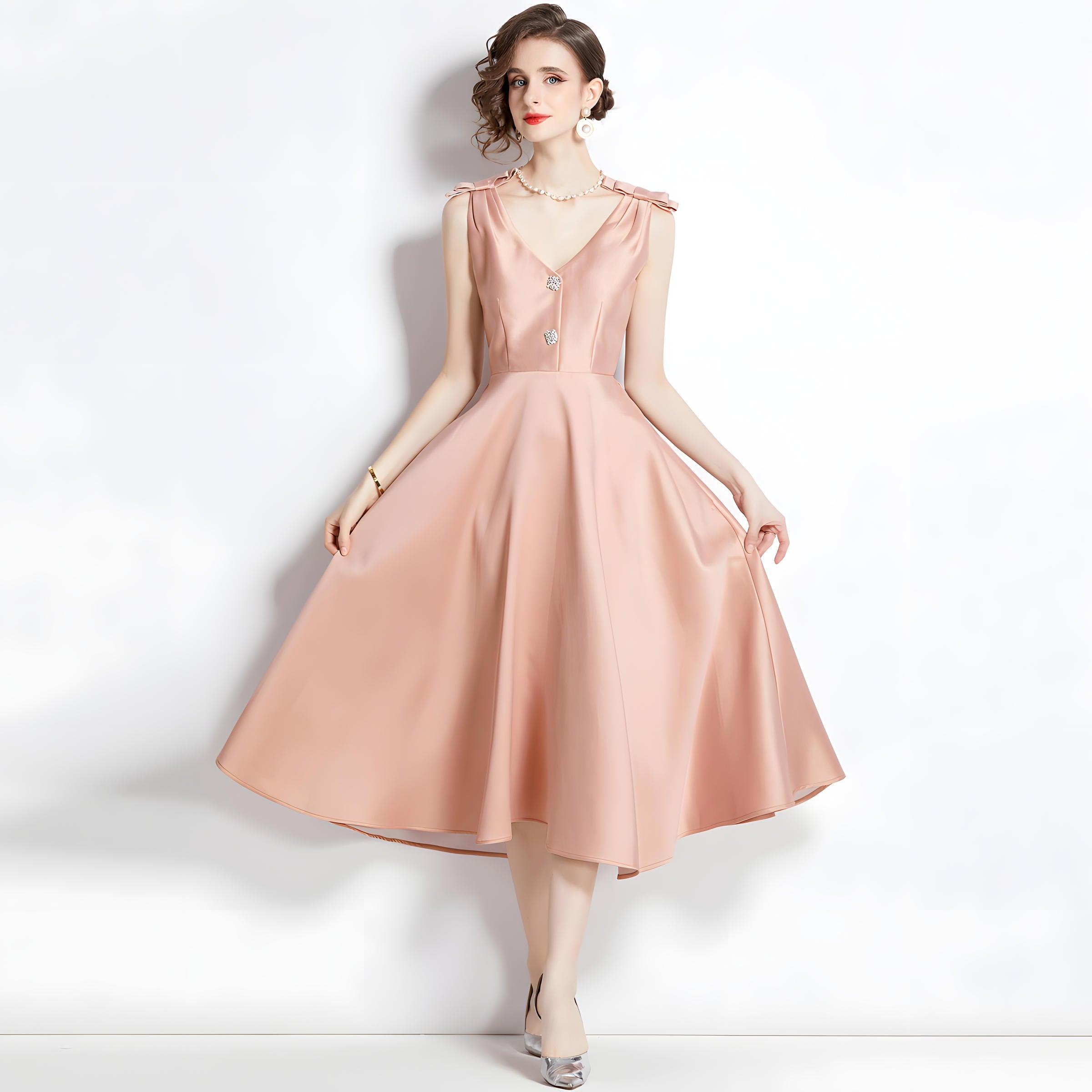 Hepburn Style Shoulder Bow V Neck Solid Peach Satin Dress - 1632#701