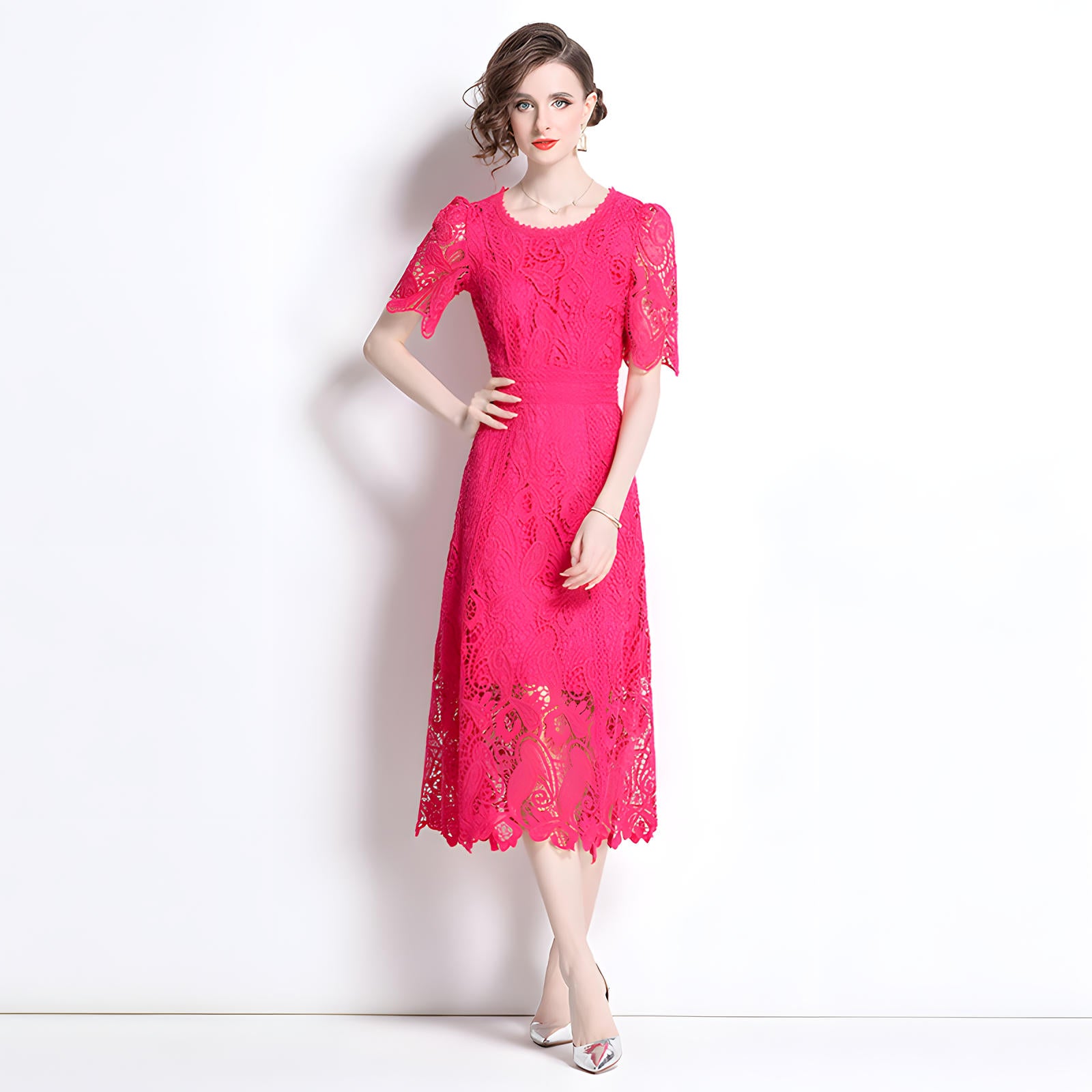 Crew Neck French Lace Rose Red Dress - 799906103340_BAS
