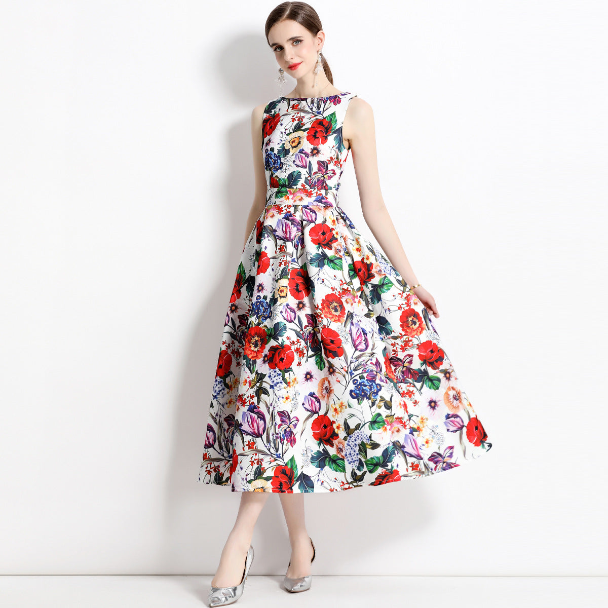 Sleeveless Boat Neck Fitted Vest Box Pleated Skirt Printed Satin Dress - 710550577474_BAS