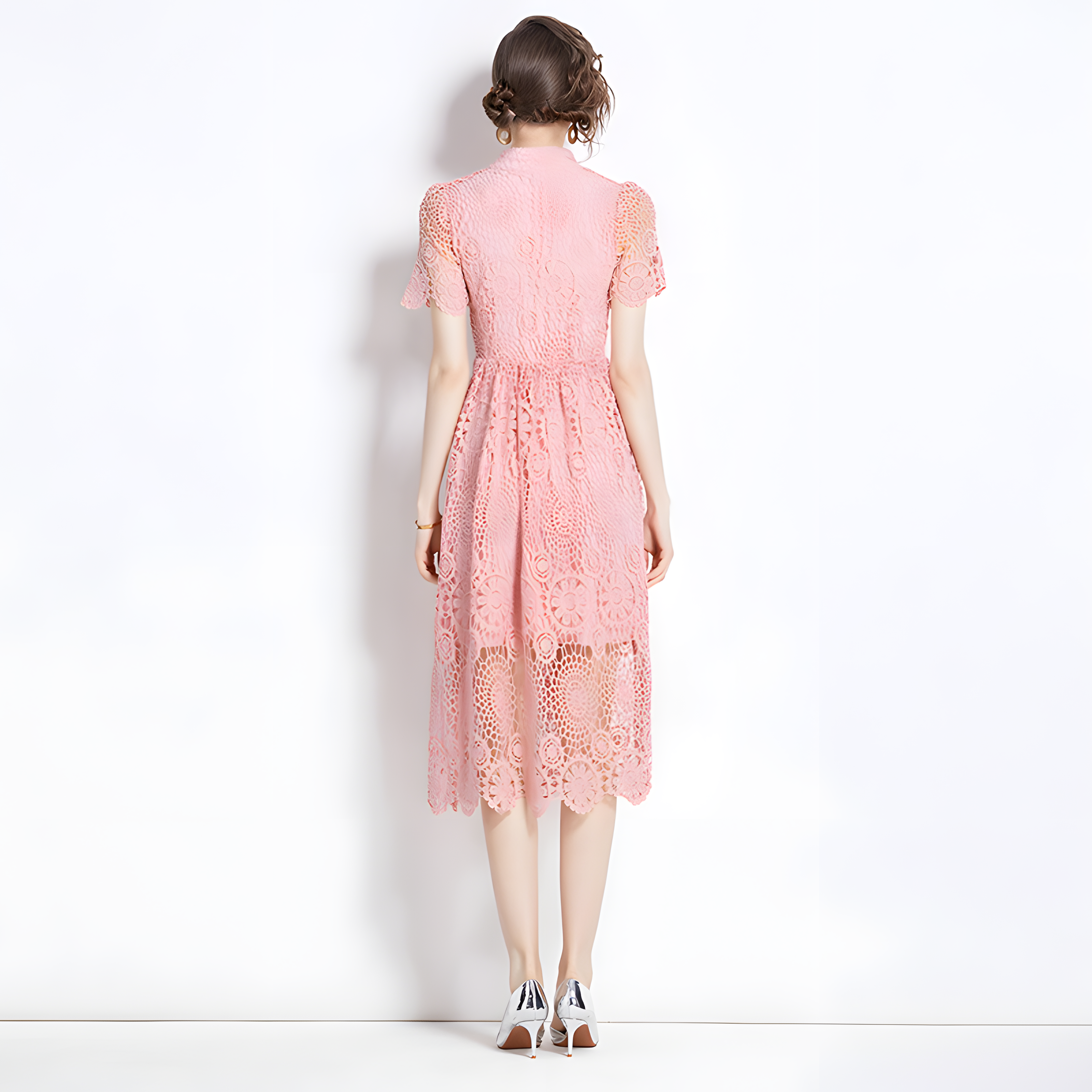 Luxury French Lace High Neck Front Button Pink Dress With Belt - 500#609_PIN