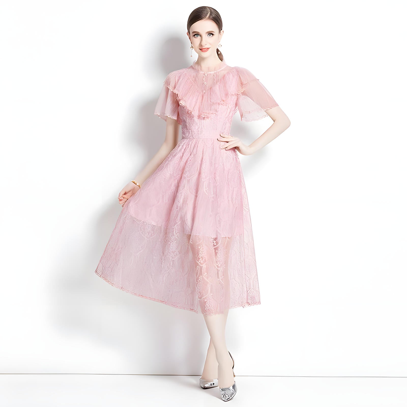 Embroidered French Lace Ruffled Vest High Neck Soft Pink Neck Dress - 728916375940_BAS