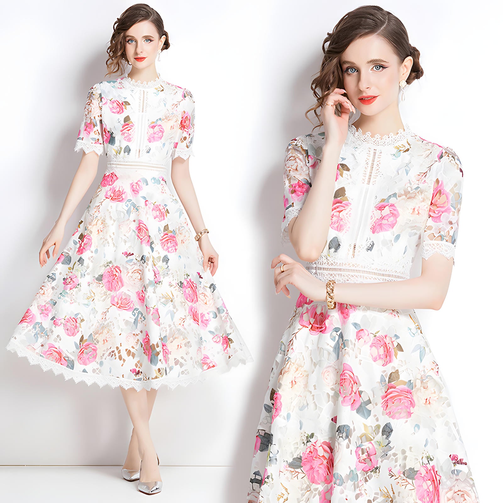 French Printed Flower Lace Jewel Neckline Retro Dress - 795039331524_BAS