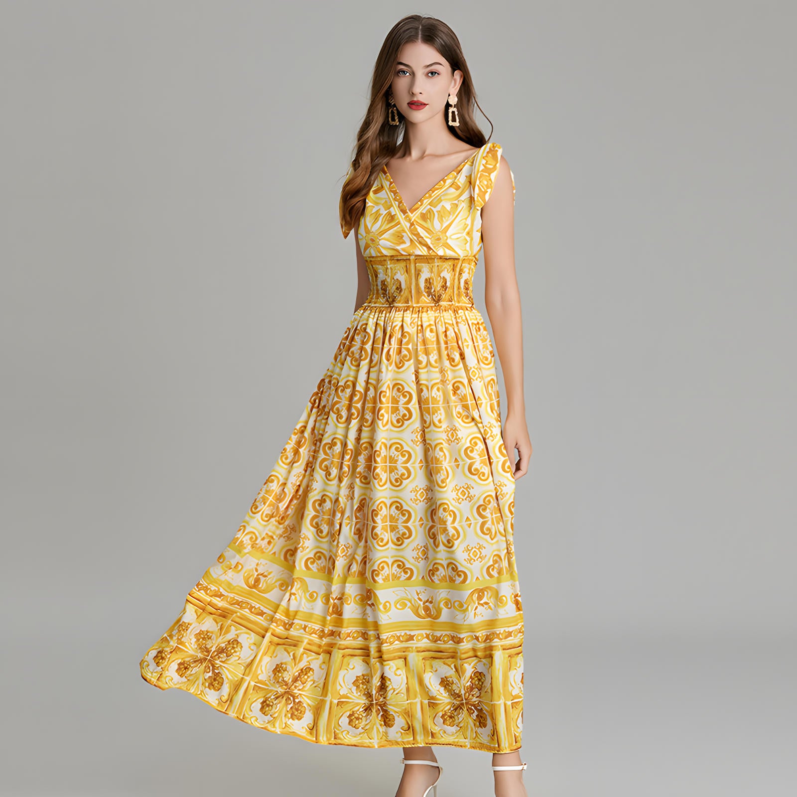 Celadon Print V-Neck Blue A Line Long Dress With Elasticated Wait - 815251322071_YEL