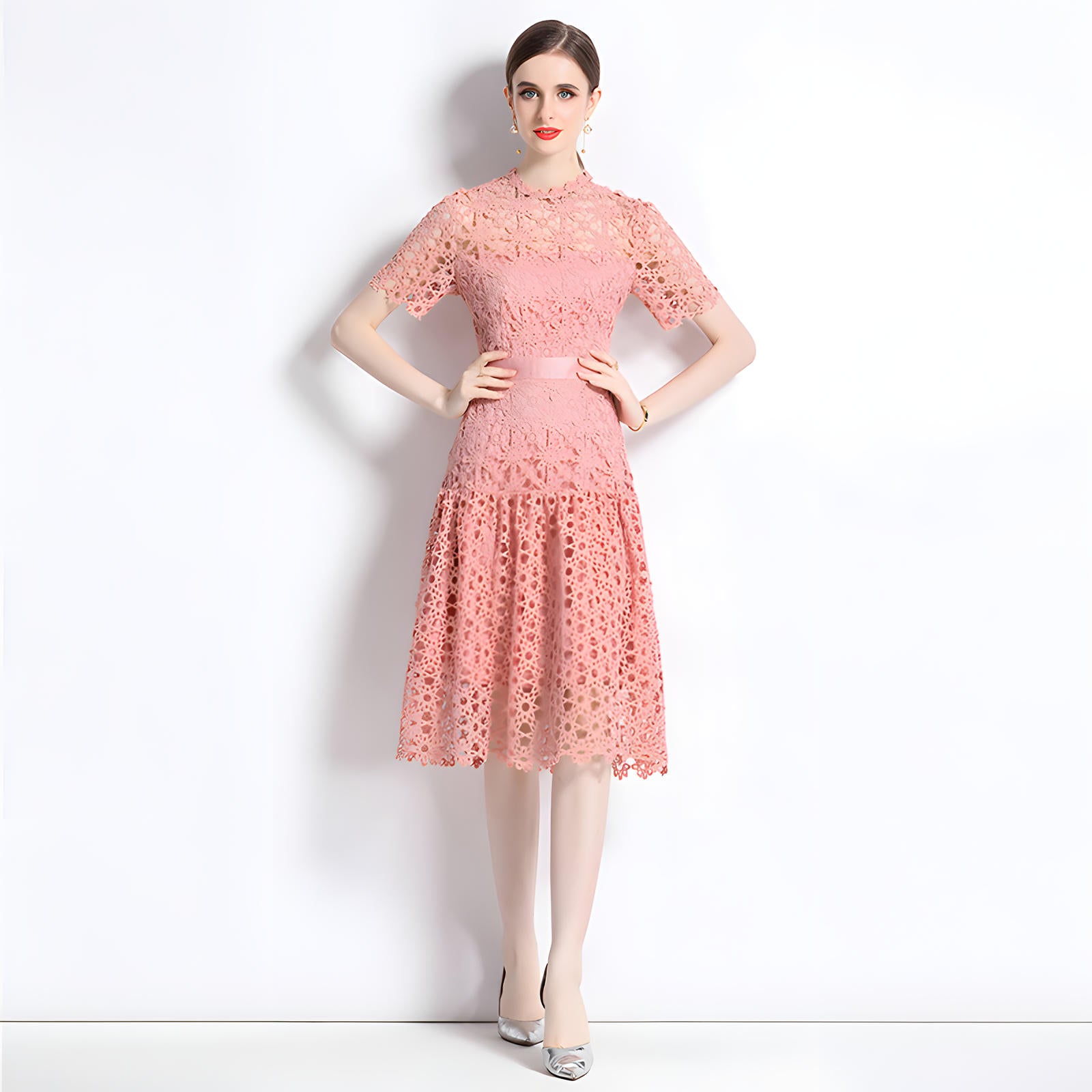 French Crocheted Lace Round Neck A - Line Peach Dress - 331#609
