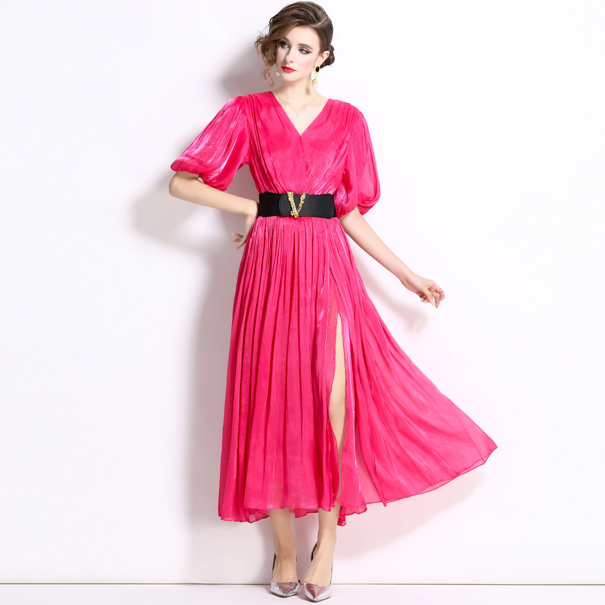 Glossy Pearlescent Chiffon Satin Fabric Lantern Sleeve Rose Red Dress with Belt - 826597659866_BAS