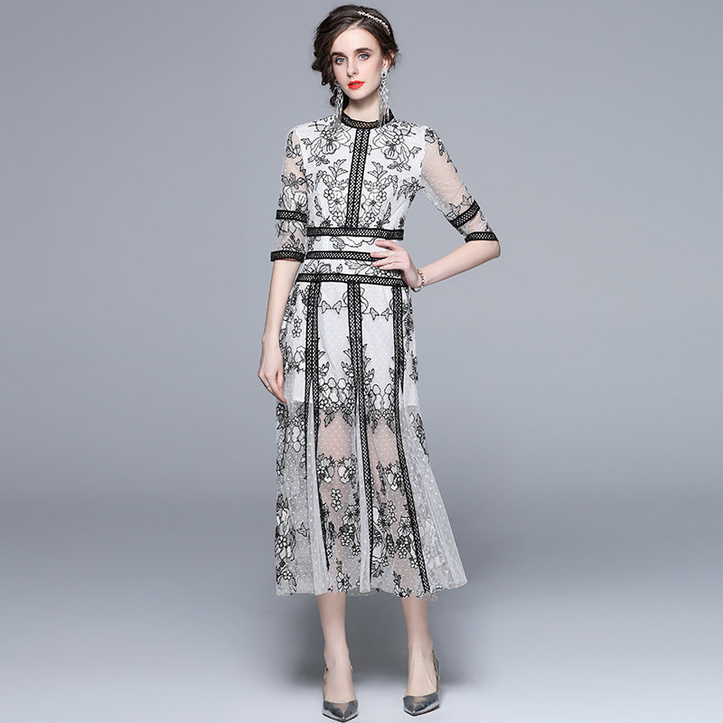 Embroidered Polka Dot Mesh and Lace White Black Dress  - 833884552896_BAS