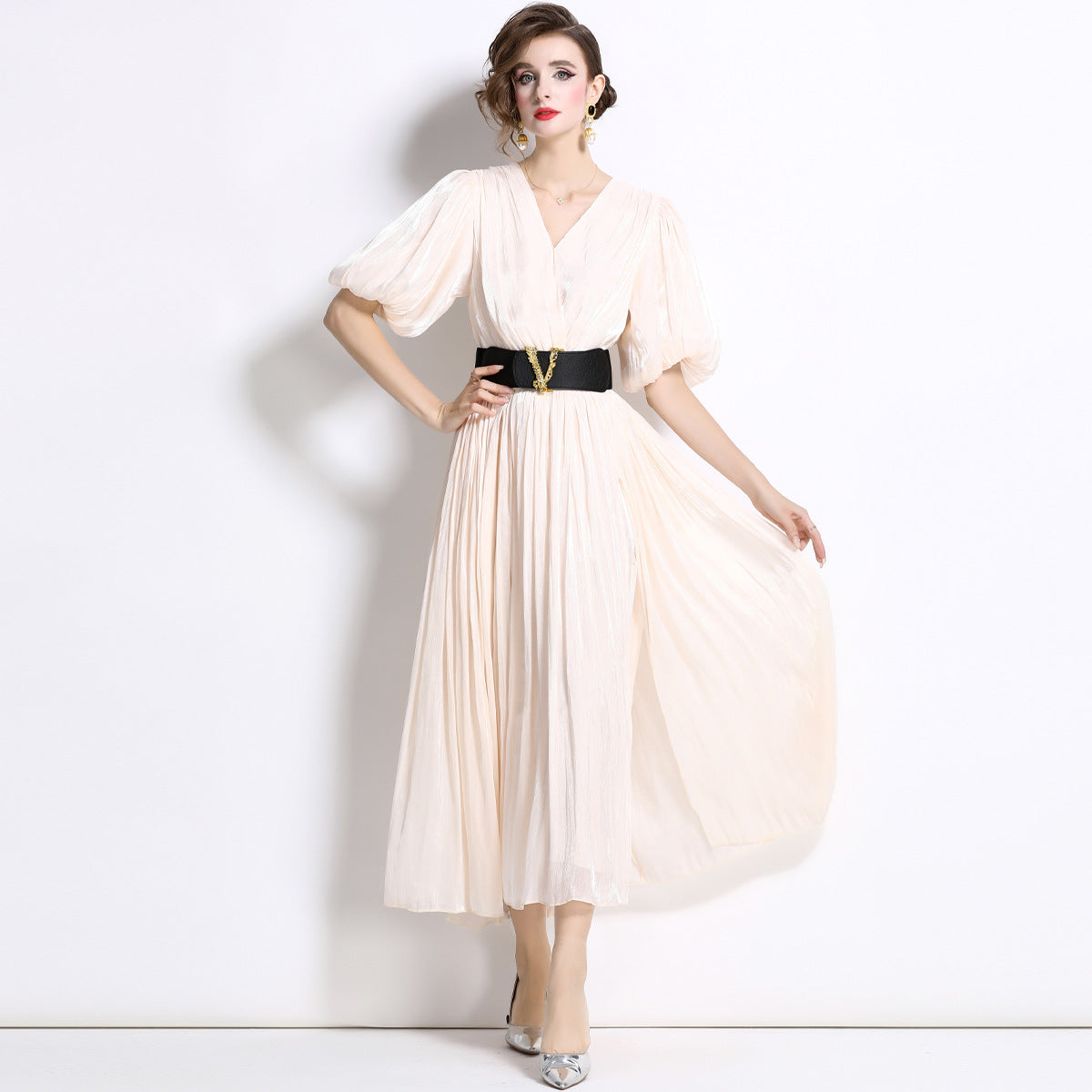 Glossy Pearlescent Chiffon Satin Fabric Lantern Sleeve Apricot Dress with Belt - 826775506412_BAS