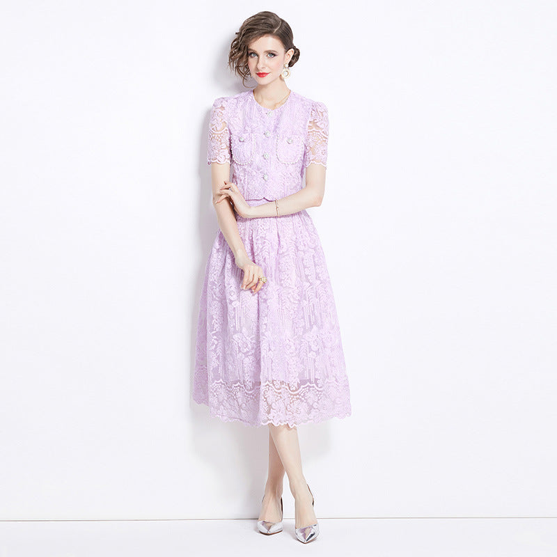 Embroidered French Lace Single Breasted Full Sleeve Blouse and Skirt Two Piece Set - 791558480609_BAS