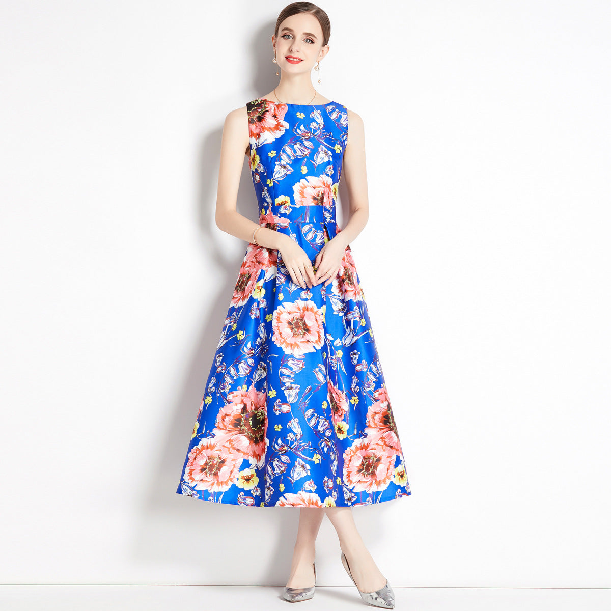 Sleeveless Boat Neck Fitted Vest Box Pleated Skirt Printed Satin Dress - 806#701_BAS