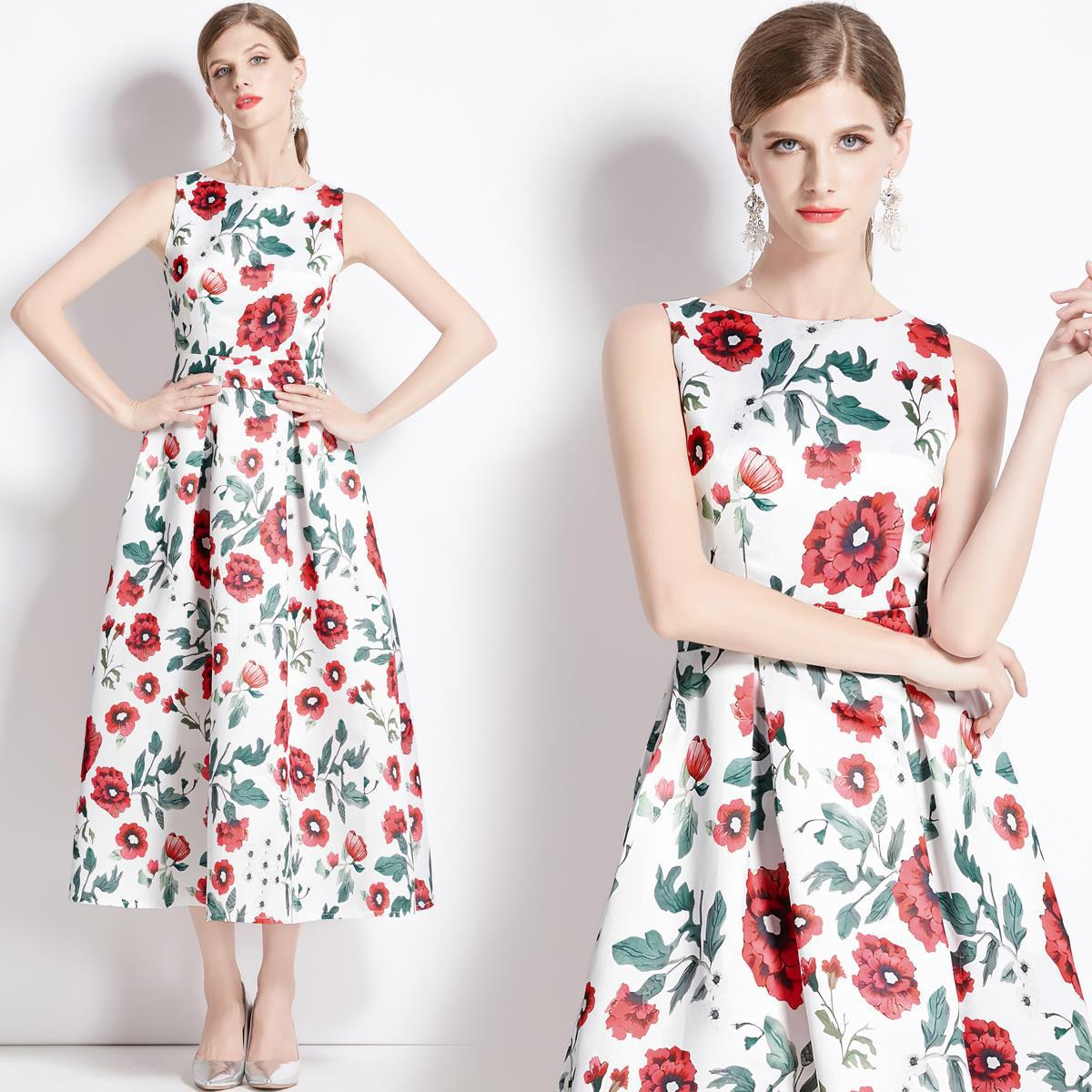 Sleeveless Boat Neck Fitted Vest Box Pleated Skirt Printed Satin Dress - 9086#701