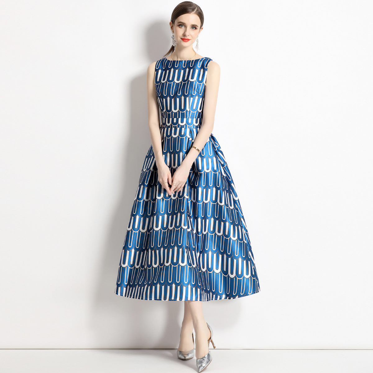 Sleeveless Boat Neck Fitted Vest Box Pleated Skirt Printed Satin Dress - 9015#701_BAS
