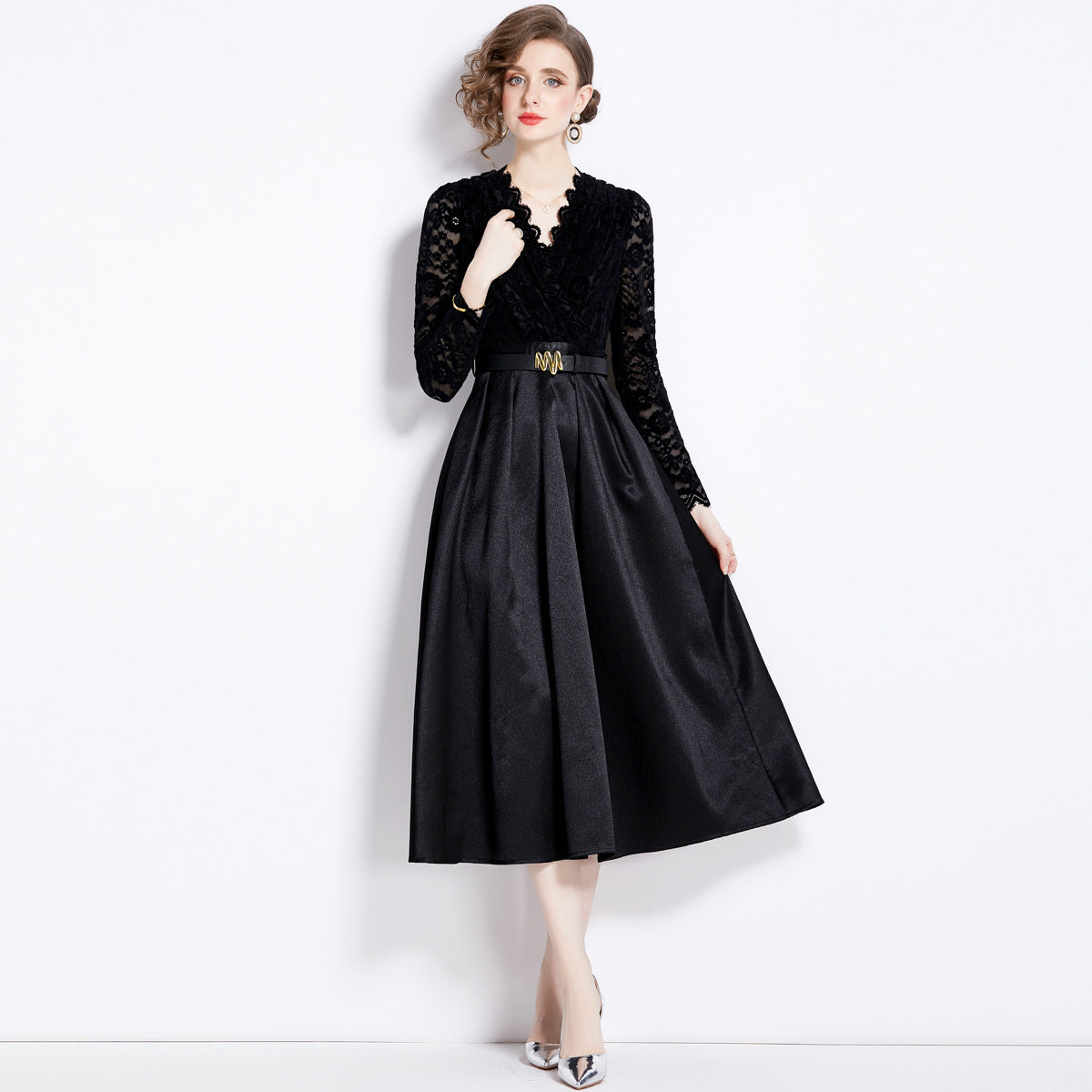 Retro Style Lace Blouse And Satin Skirt Black Dress With Belt - 760609456758_BAS