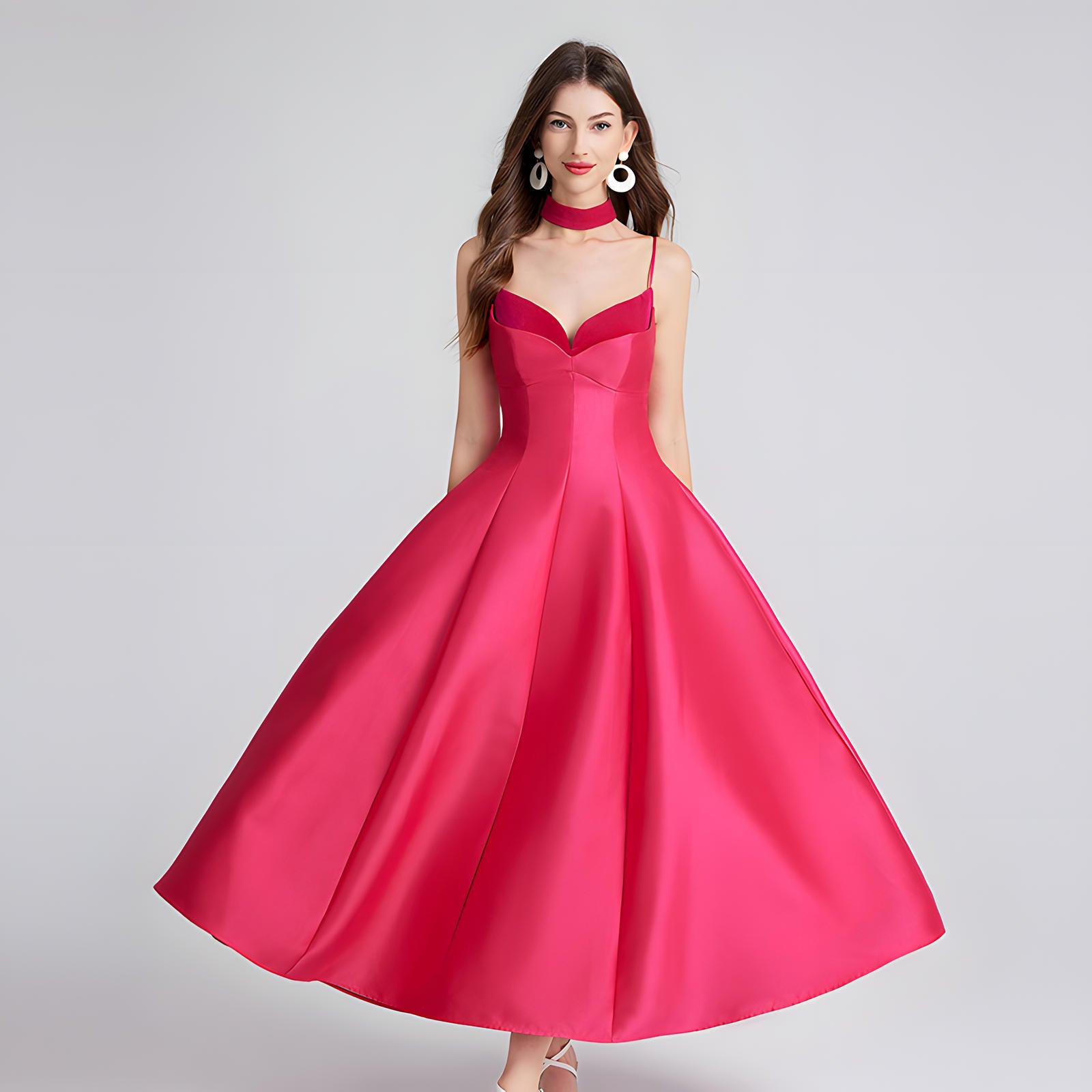 Sweetheart Neckline Rose Red Satin Party Dress with a Hepburn-Style Skirt Fitted Bodice and Neck Band - 800116697016_ROS