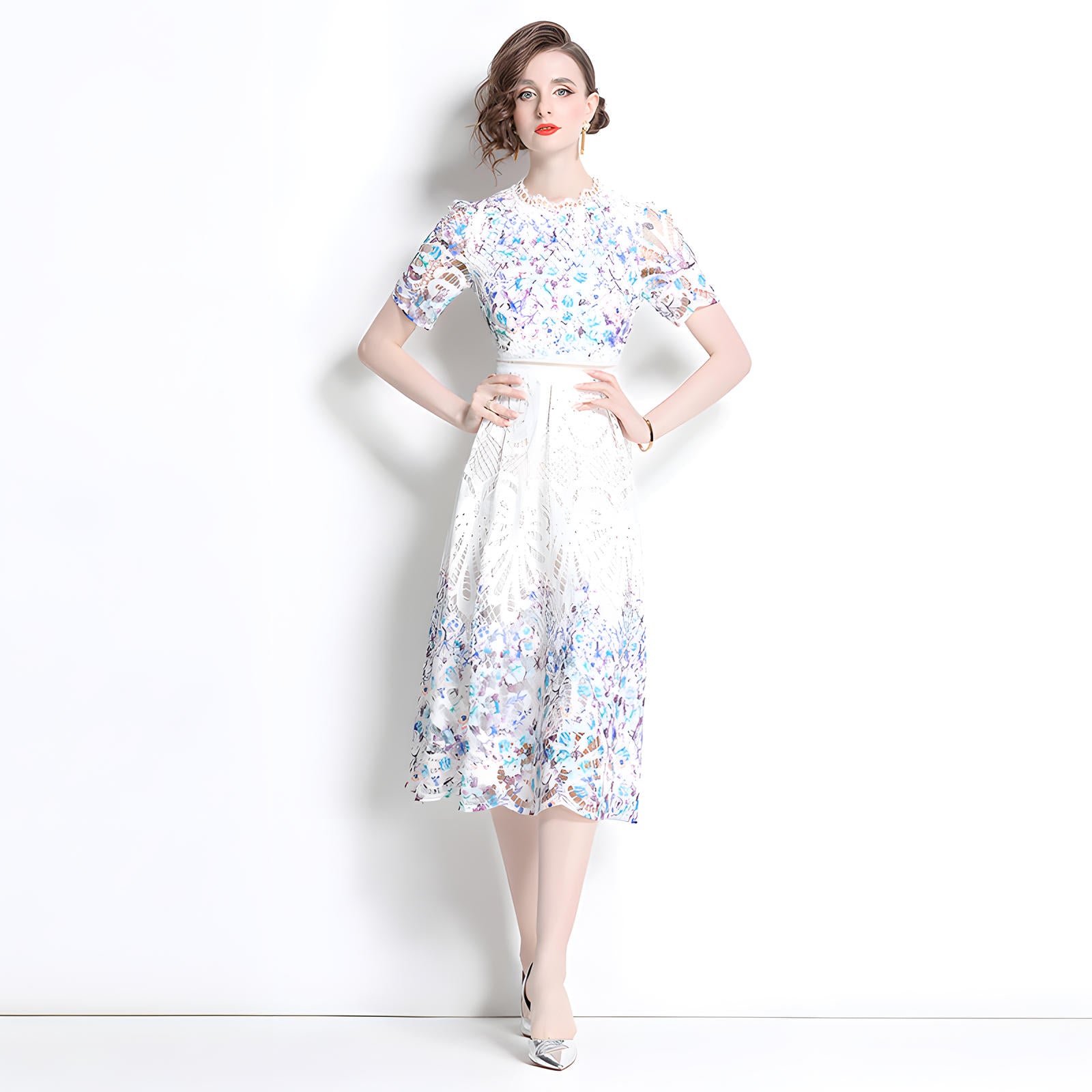 Printed Flower French Lace Jewel Neckline Dress - 800142260923_BAS