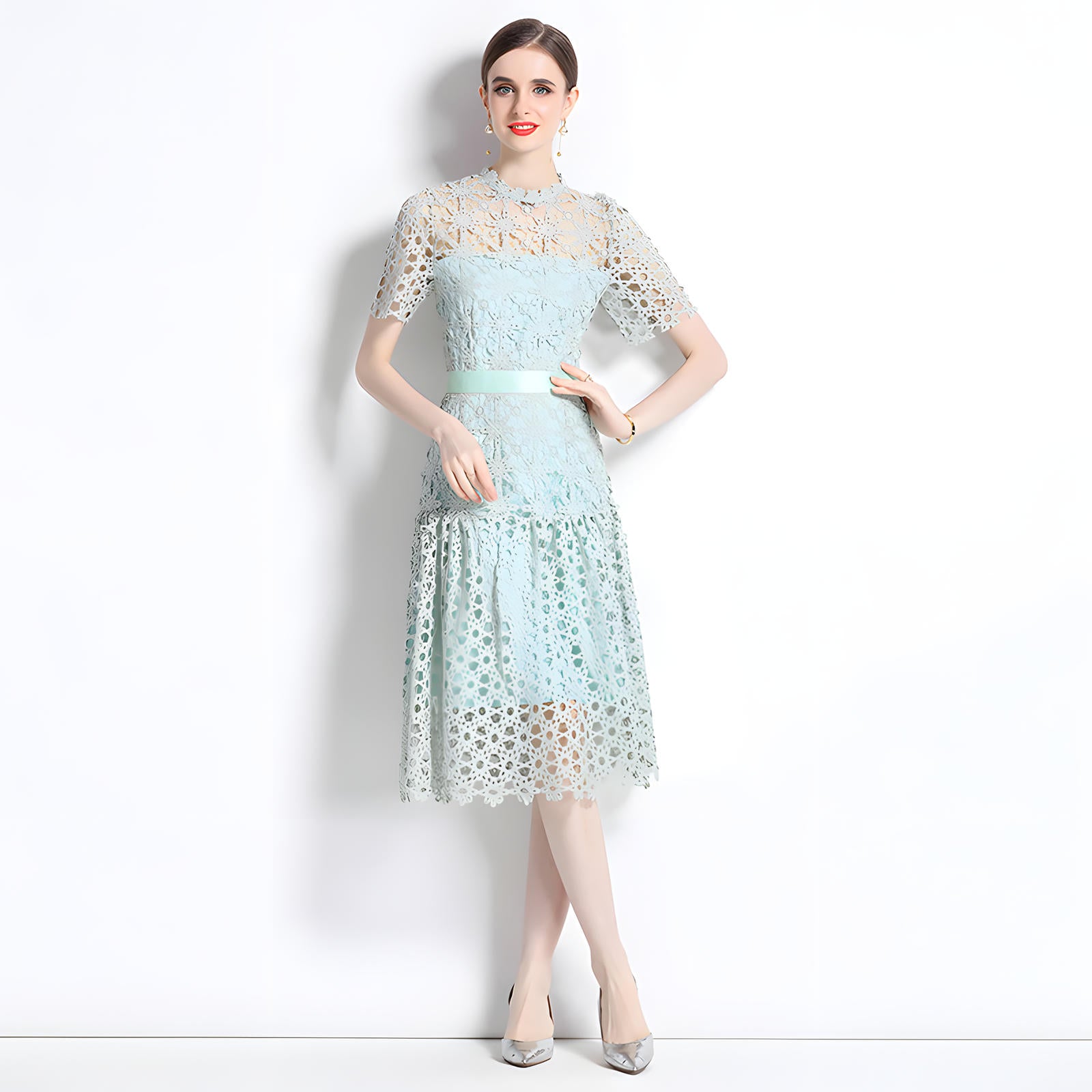 French Crocheted Lace Round Neck A - Line Aqua Green Dress - 332#609