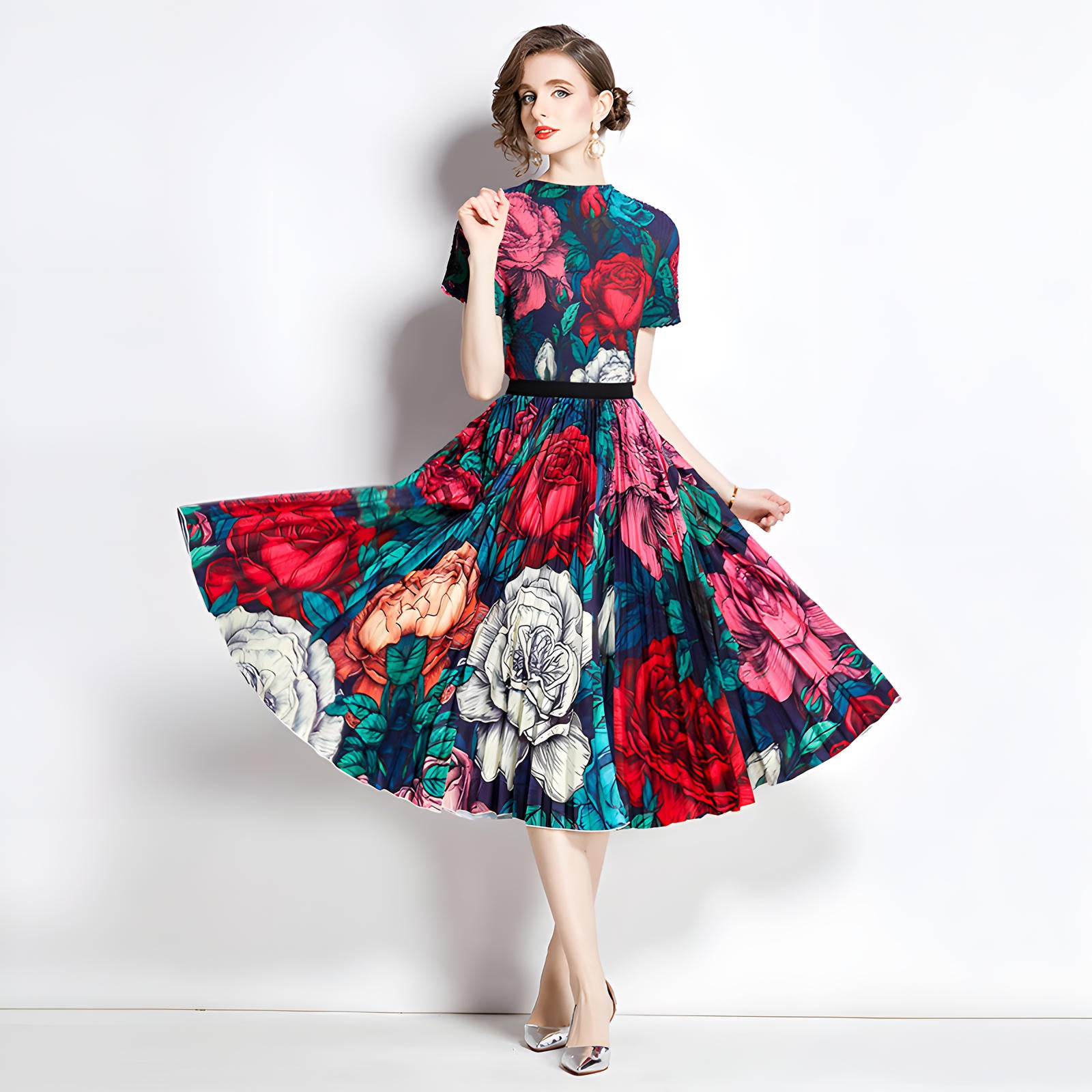 Floral Symphony Miyaki Fold Blouse Pleated Skirt Two Piece Chiffon Set - 777097211005_BAS