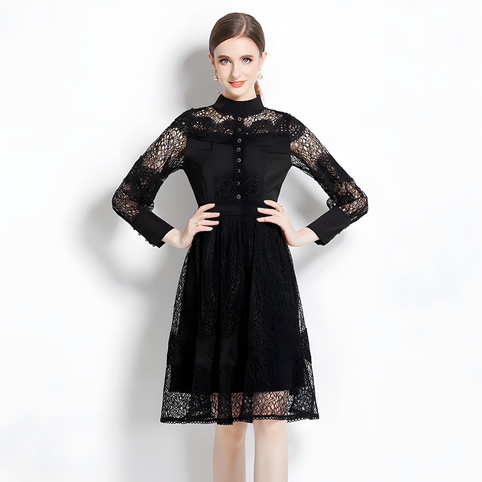 Luxury French Lace High Neck Retro Short Dress - 734561838831