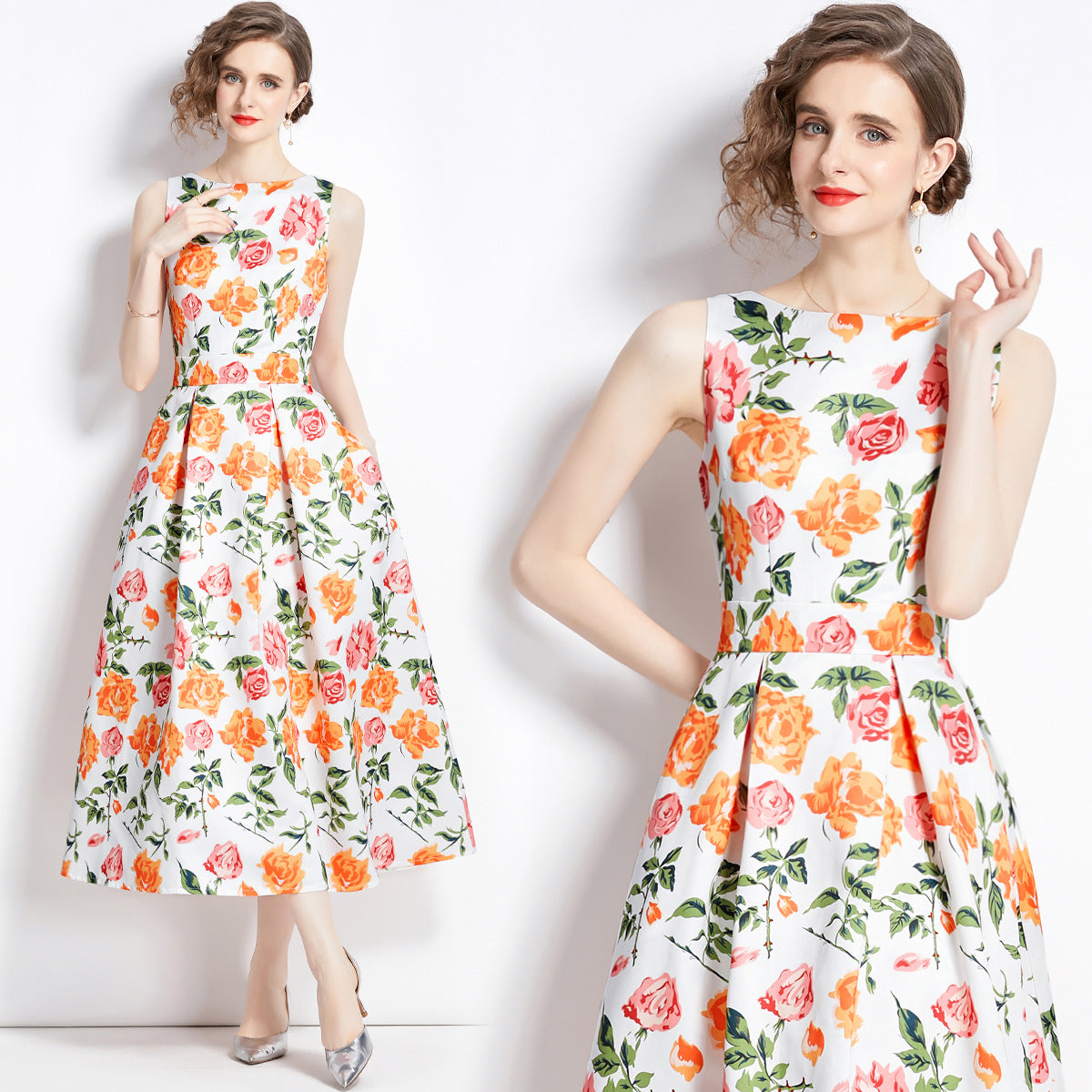 Sleeveless Boat Neck Fitted Vest Box Pleated Skirt Printed Satin Dress - 9053#701_BAS