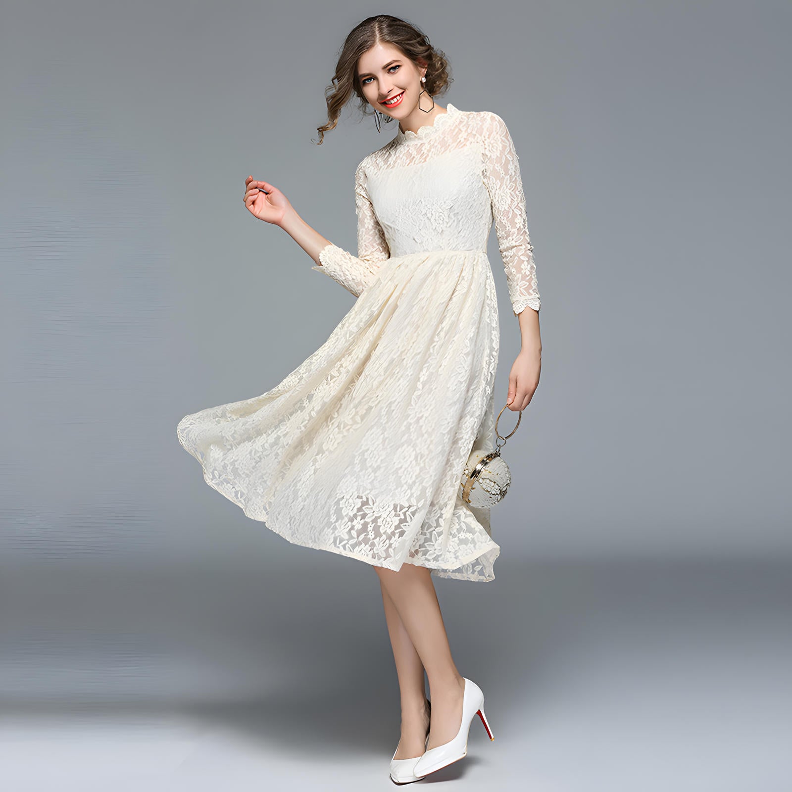 Luxury French Lace High Neck Retro White Dress - 752586637379