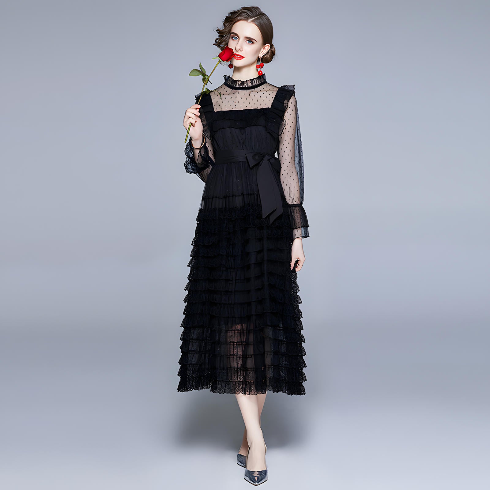 High Neck Polka Dot Mesh Multitier Skirt Elasticated Waist  Full Sleeve Black Dress With Satin Belt - 637810172088_BAS