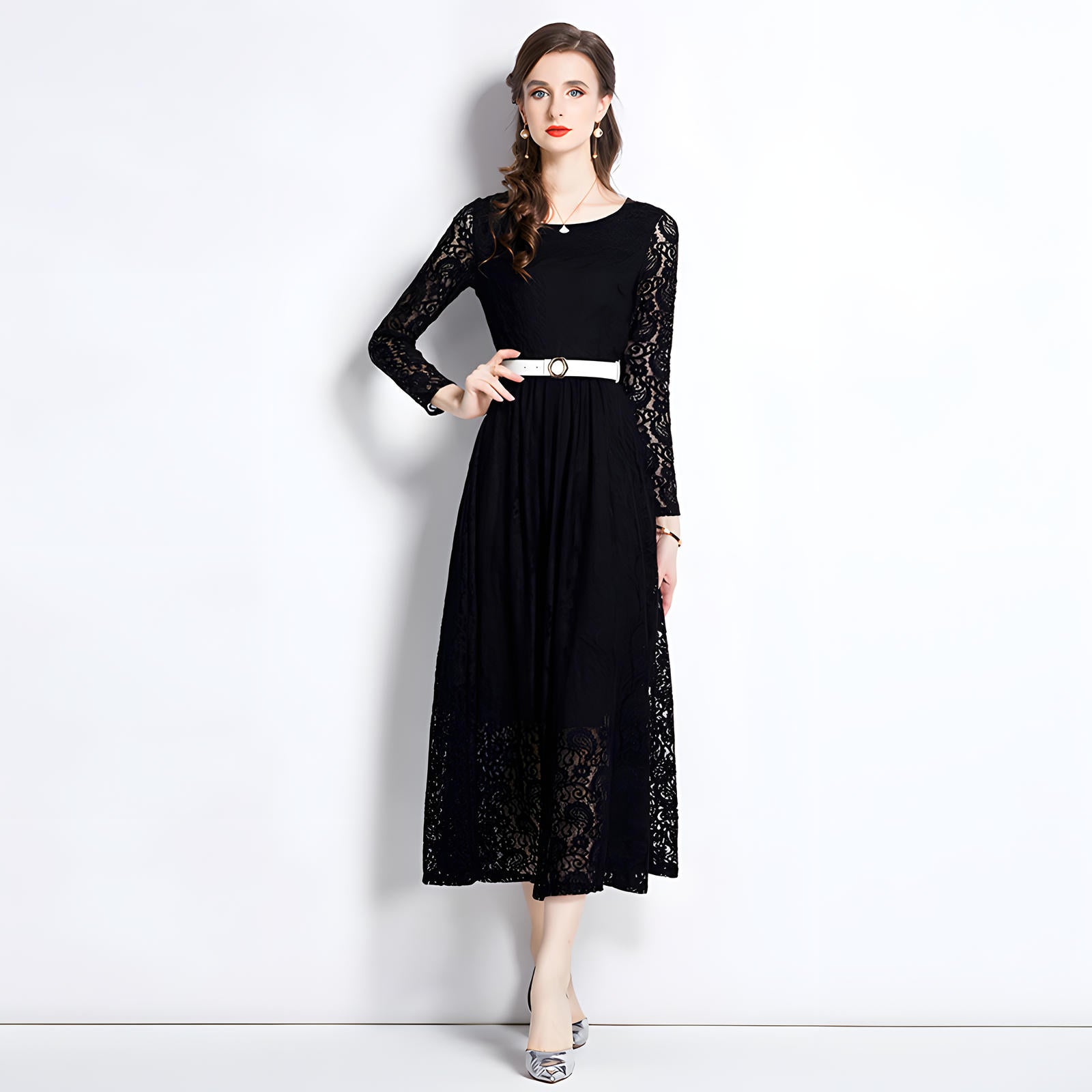 French Lace Long Sleeve Round Neck Long Dress With Belt - 751304773250
