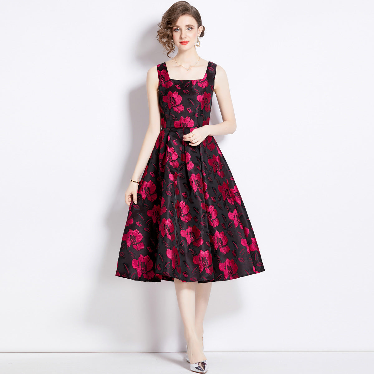 Sleeveless Square Neck Self Texture Jacquard Pleated Fitted Dress - 2085#701