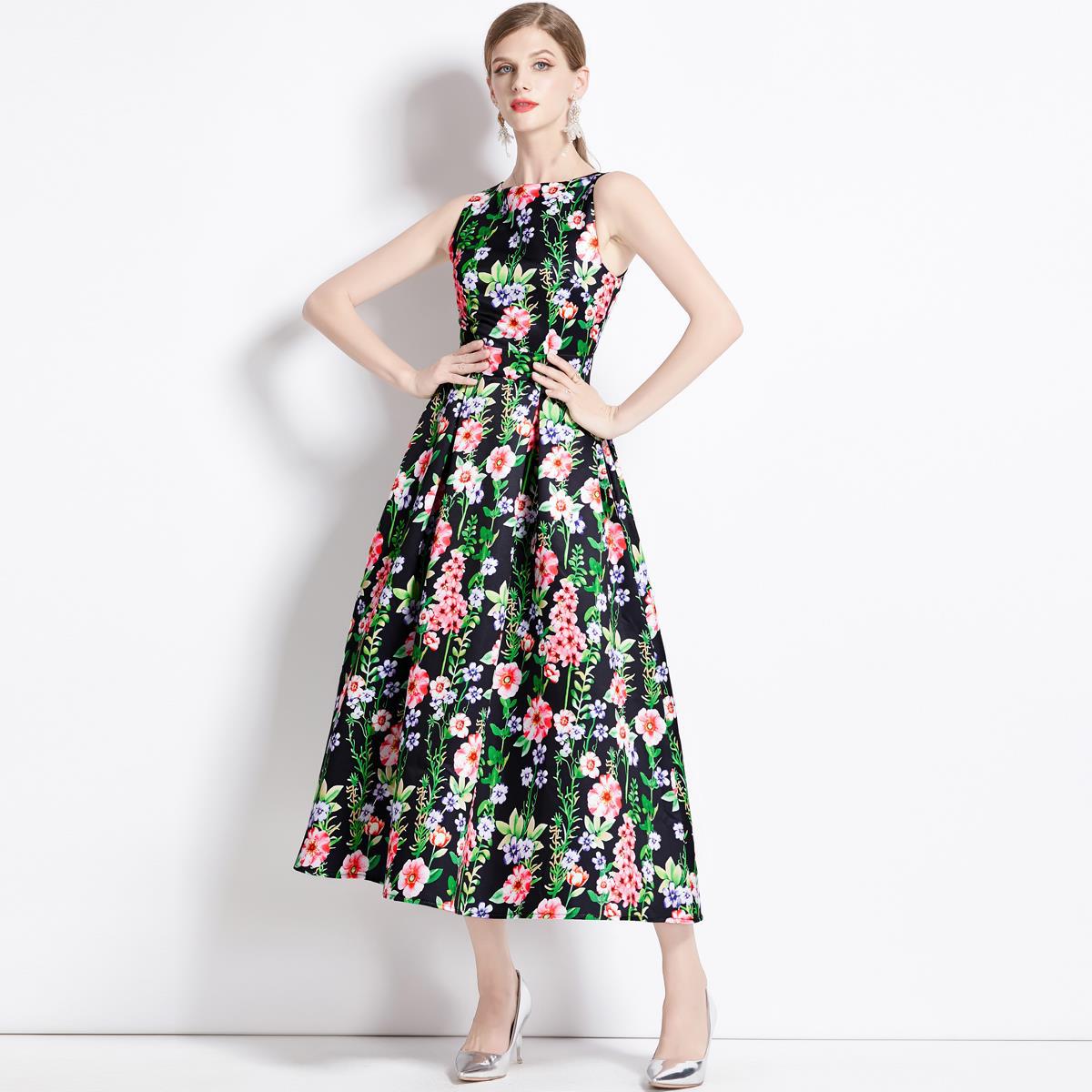 Sleeveless Boat Neck Fitted Vest Box Pleated Skirt Printed Satin Dress - 9080#701