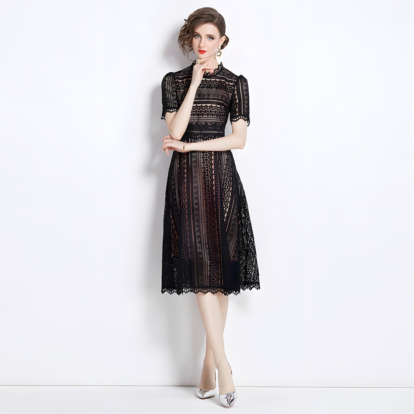Luxury French Lace Jewel Neck Black Dress - 533#609_BLA