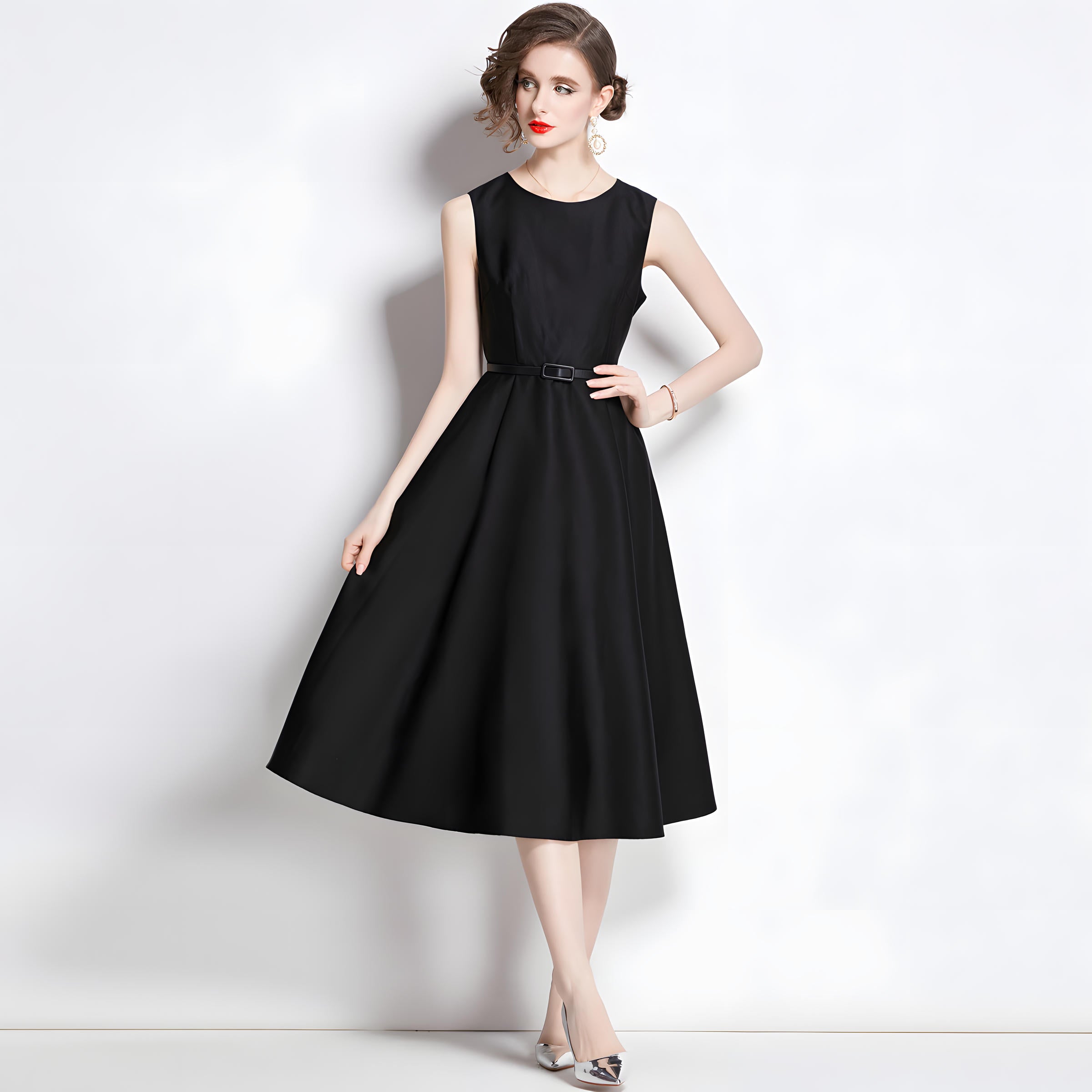 Princess Line Fitted Vest Black Sleeveless Satin Dress - 764176878578_BAS