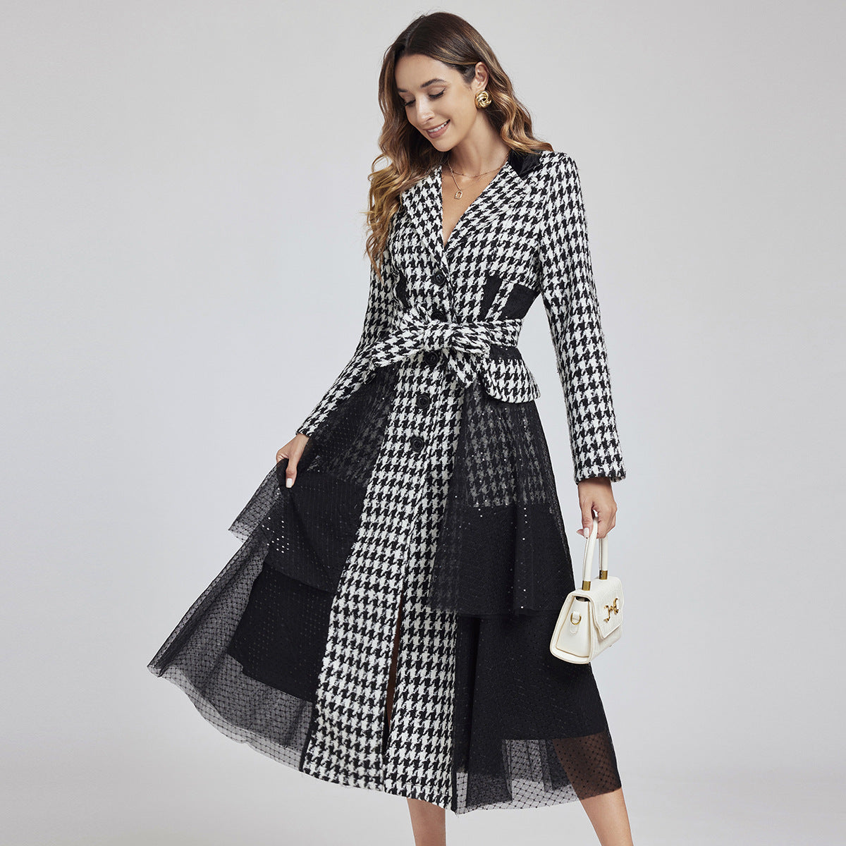 Houndstooth Noir Sequin Coat-Dress - 849998226262_BLACK