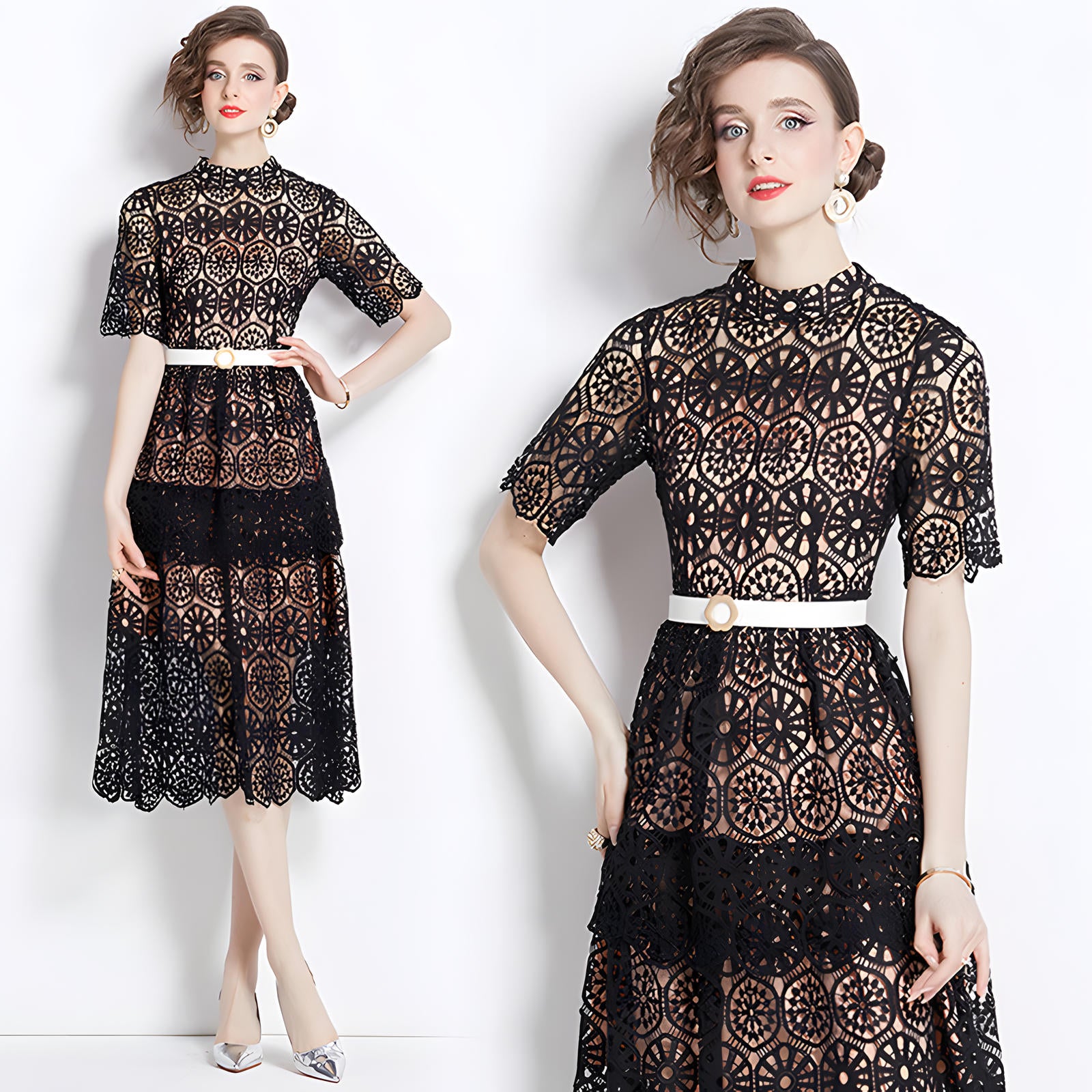 Luxury Multilayer French Lace High Neck Black Dress With Belt - 510#609_BLA