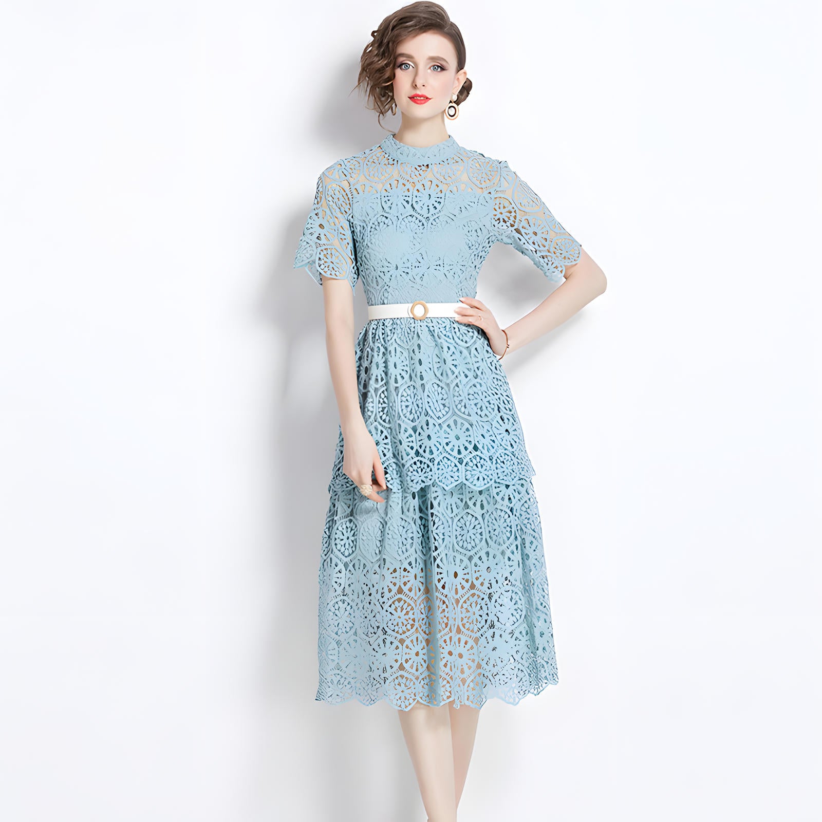 Luxury Multilayer French Lace High Neck Sage Green Dress With Belt - 510#609_GRE