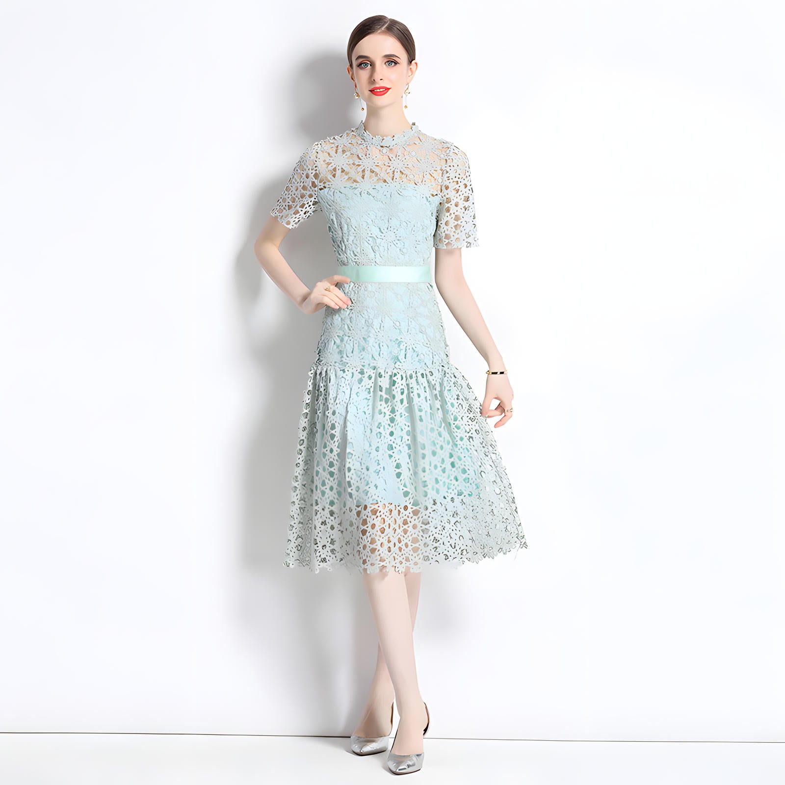 French Crocheted Lace Round Neck A - Line Aqua Green Dress - 332#609