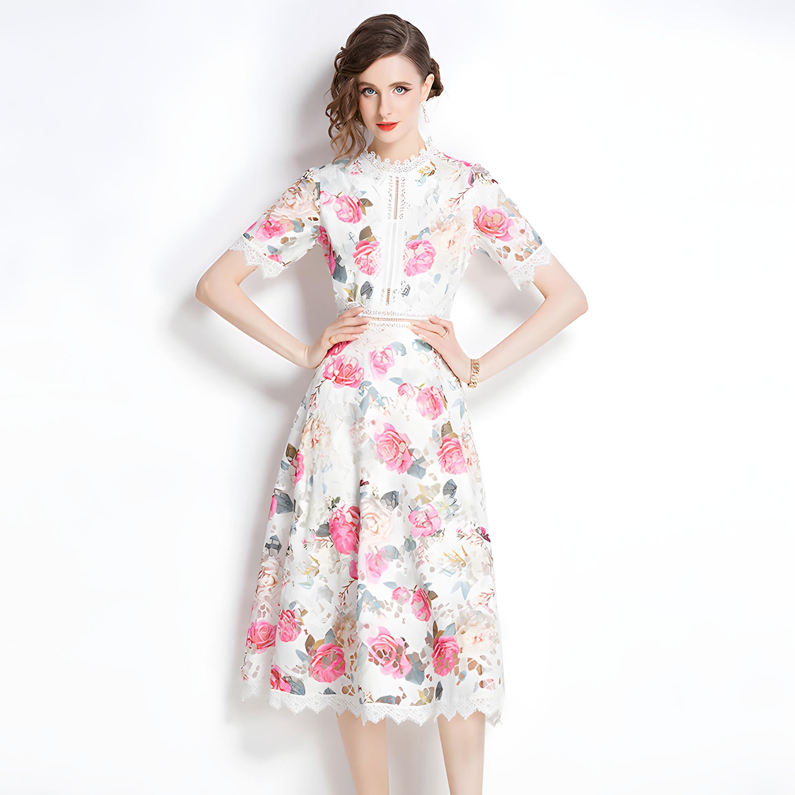 French Printed Flower Lace Jewel Neckline Retro Dress - 795039331524_BAS