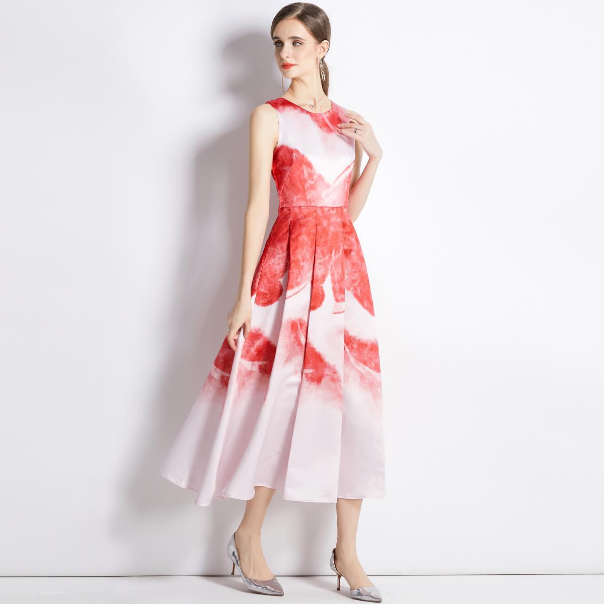 Sleeveless Boat Neck Fitted Vest Box Pleated Skirt Printed Satin Dress - 6182701