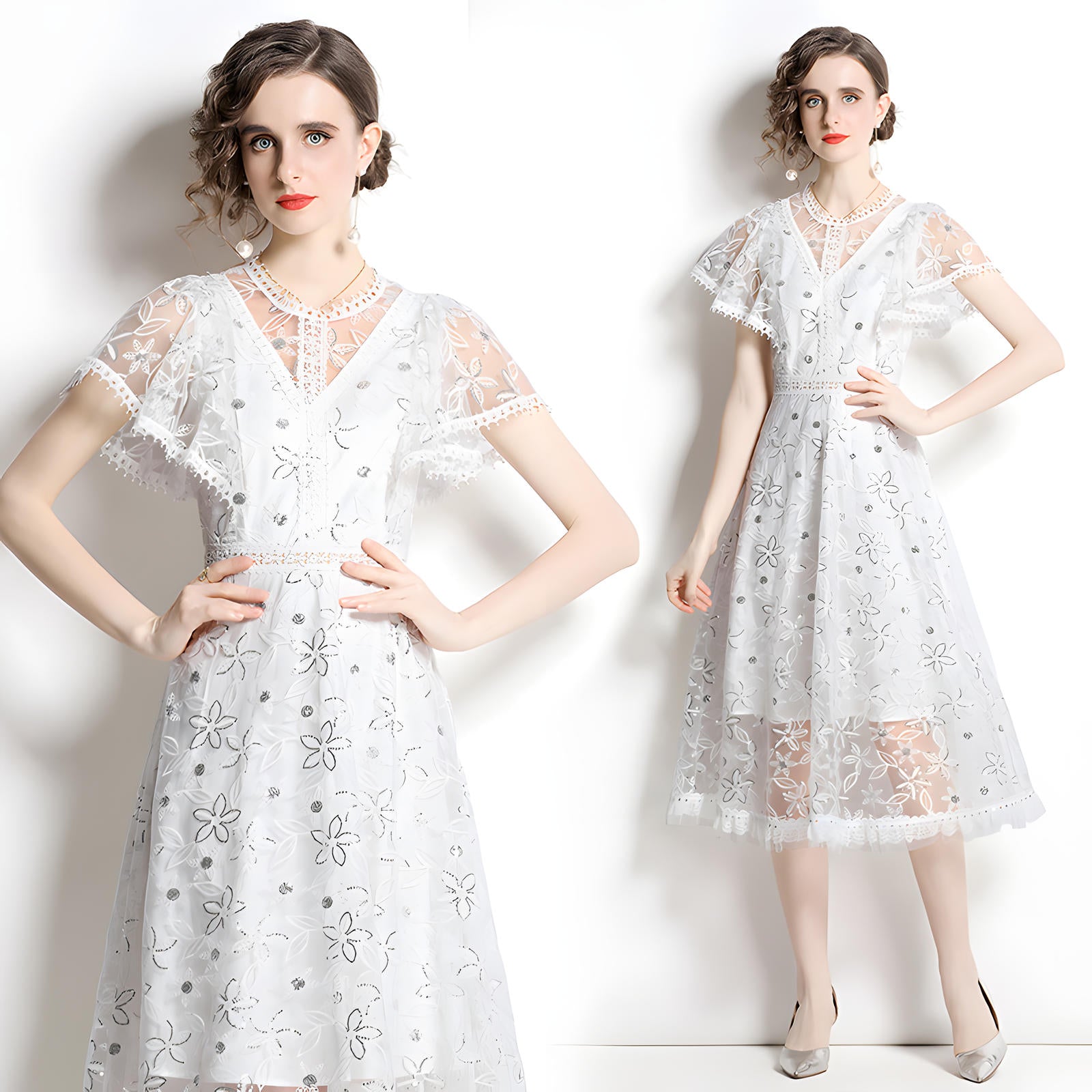Luxury Silk Thread Embroidery Mesh and Lace Butterfly Sleeve White Dress With Sequin Flowers - 6559607