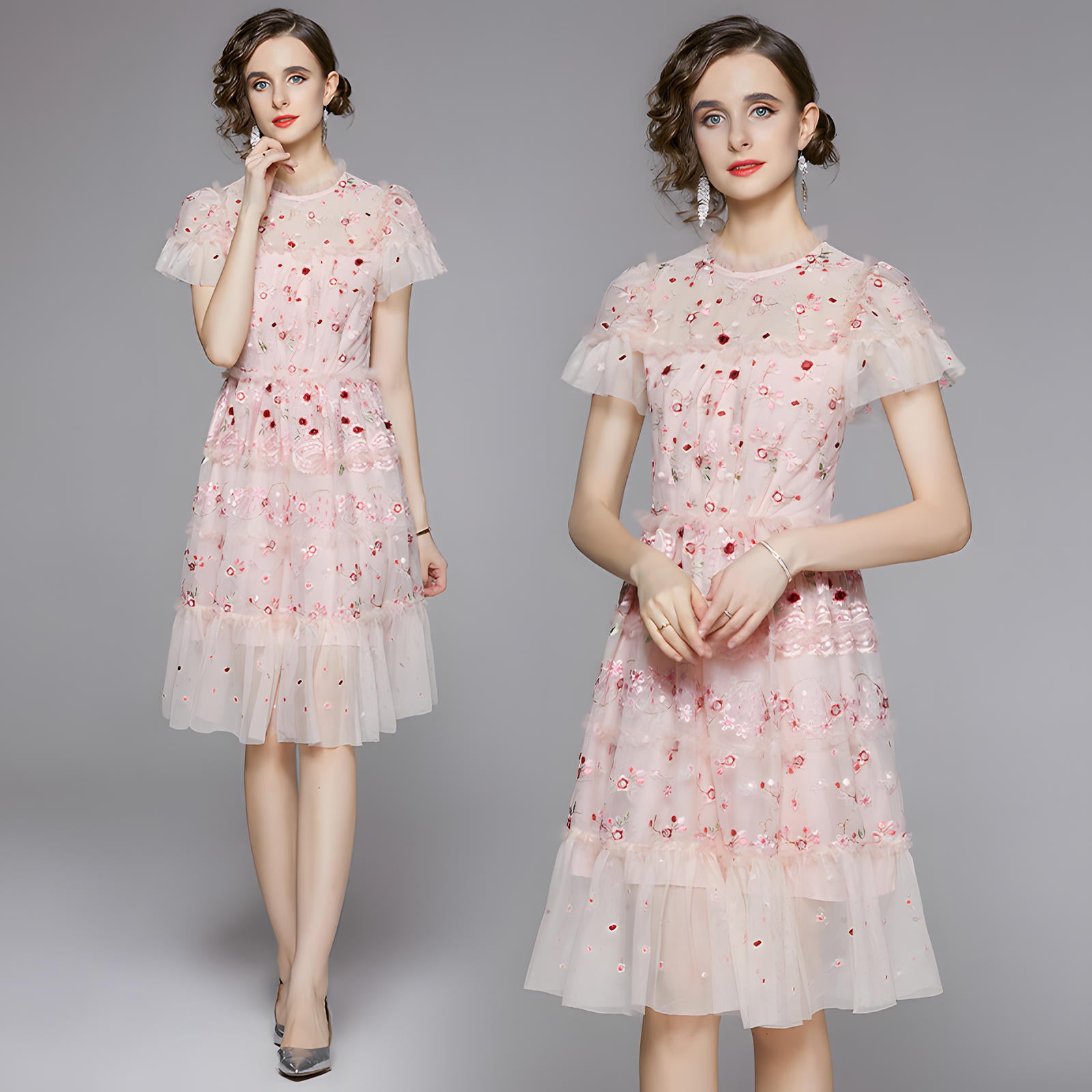 Embroidered Mesh Multitier Ruffled Skirt High Neck Pink Dress - 701166254679_BAS