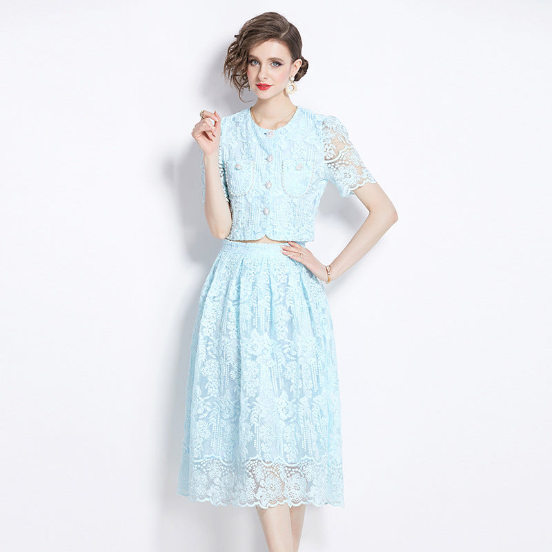 Embroidered French Lace Single Breasted Blouse and Skirt Two Piece Sky Blue Set - 791563752383_BAS
