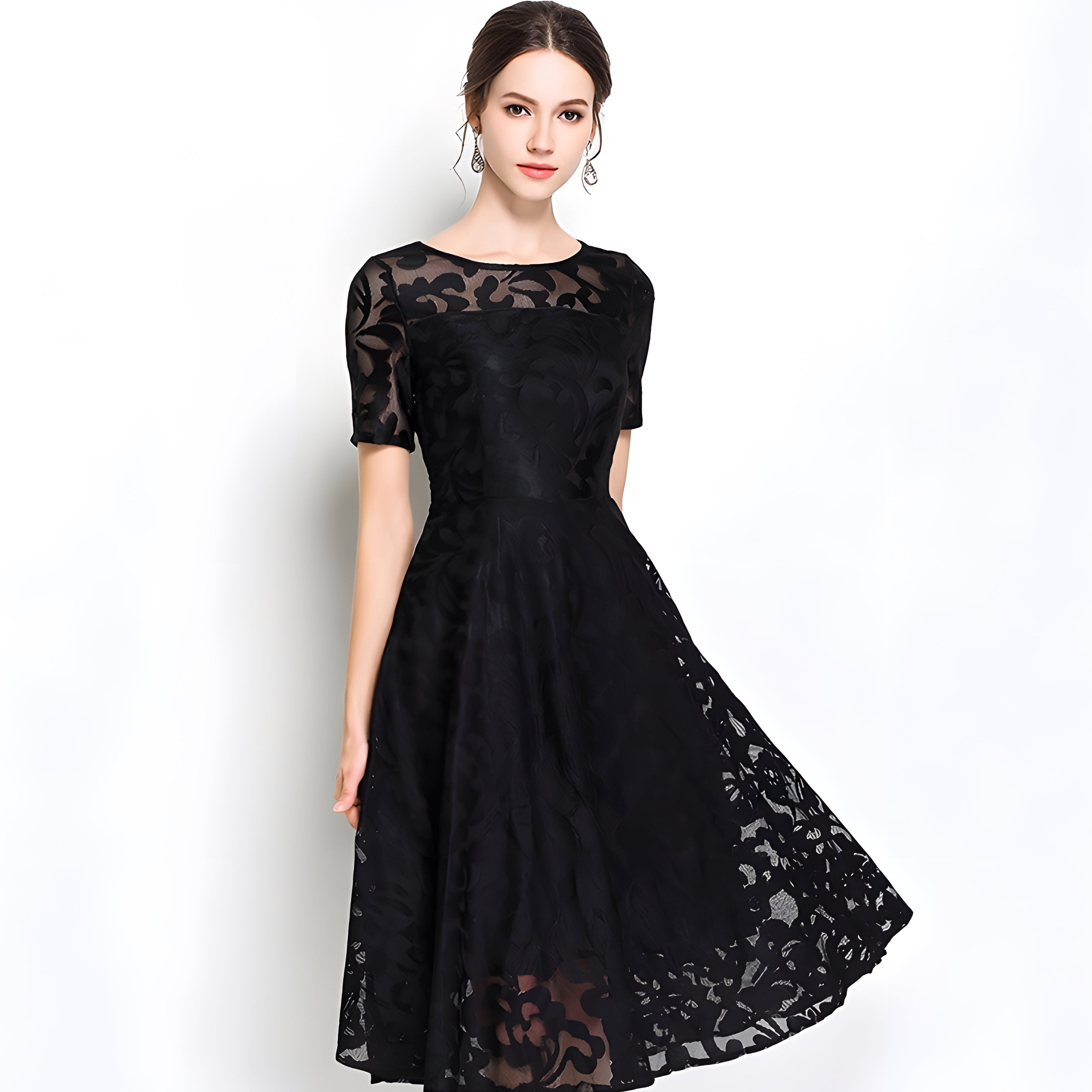 Lace Flocking Boat Neck Fitted Vest Large Hem Skirt Dress - 8999609_BLACK (EOSS)