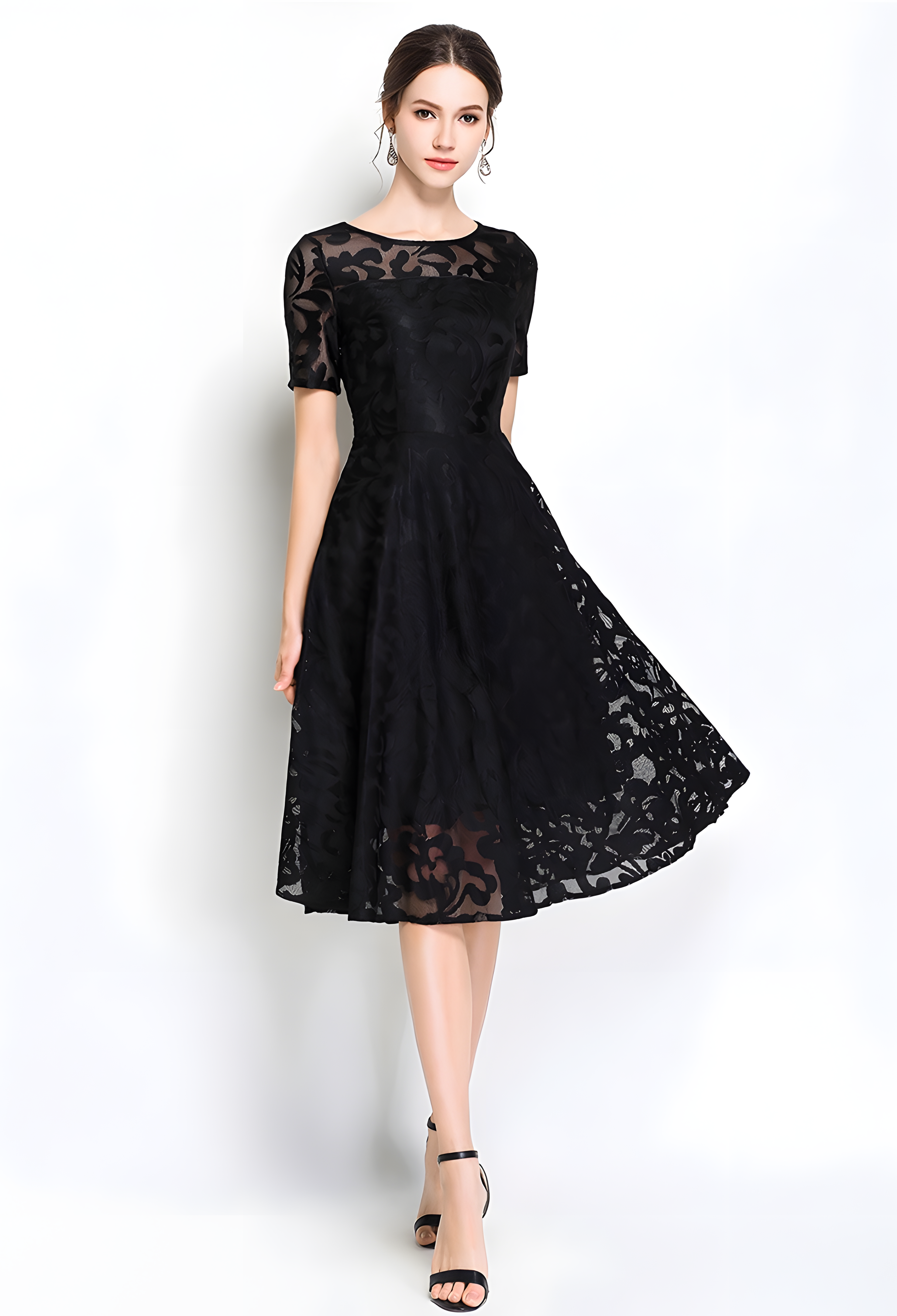 Lace Flocking Boat Neck Fitted Vest Large Hem Skirt Dress - 8999609_BLACK (EOSS)