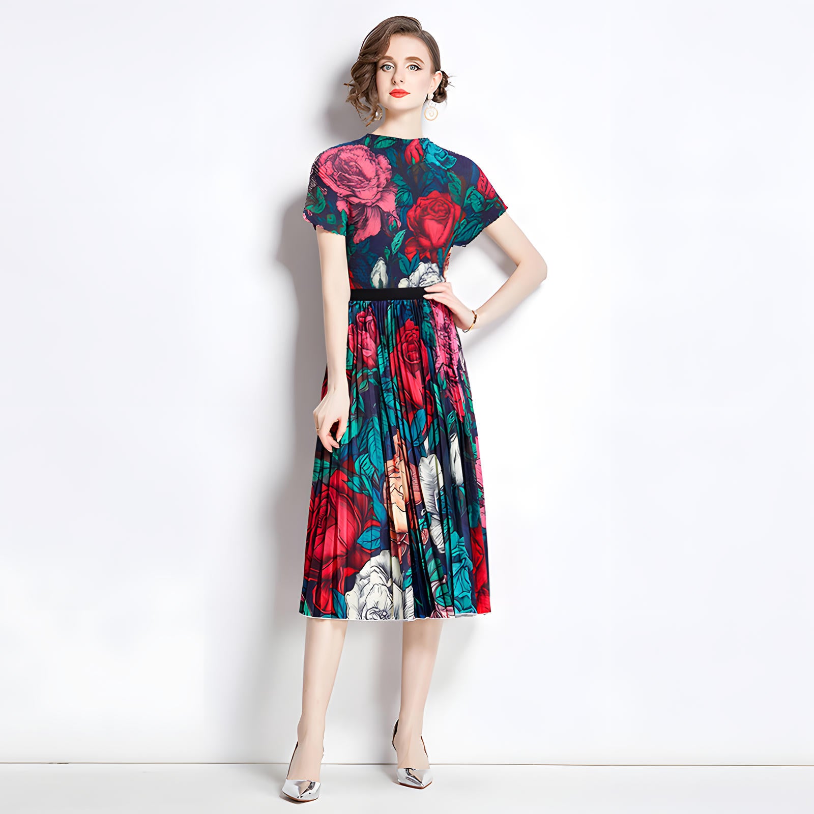 Floral Symphony Miyaki Fold Blouse Pleated Skirt Two Piece Chiffon Set - 777097211005_BAS