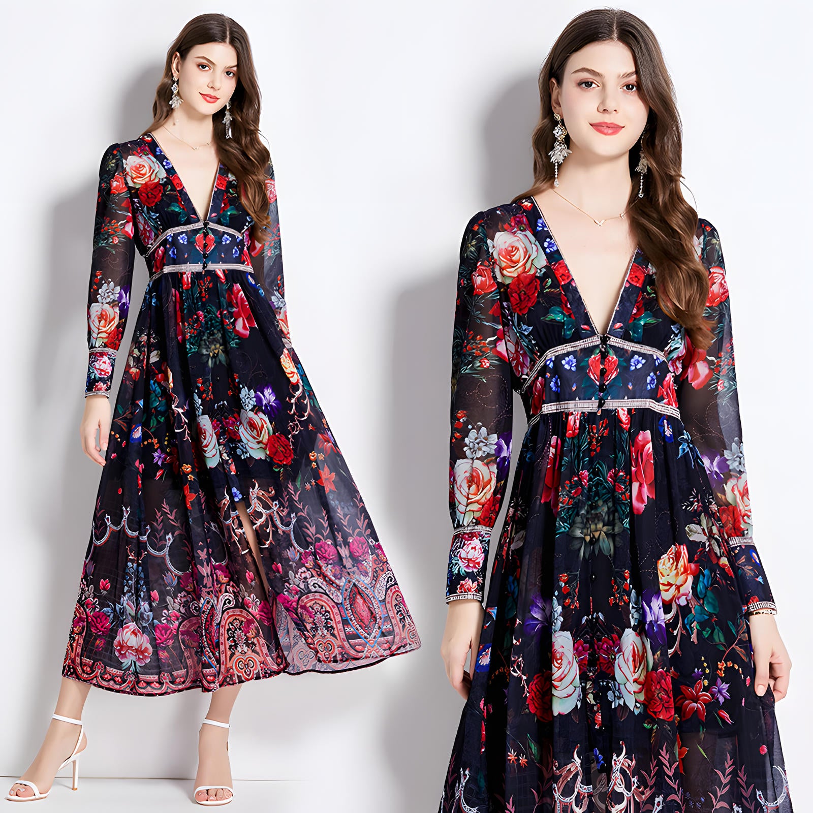 Printed Chiffon Plunging V - Neckline Elasticated Waist Front Split Long Dress - NRJ-720#2497 (EOSS)